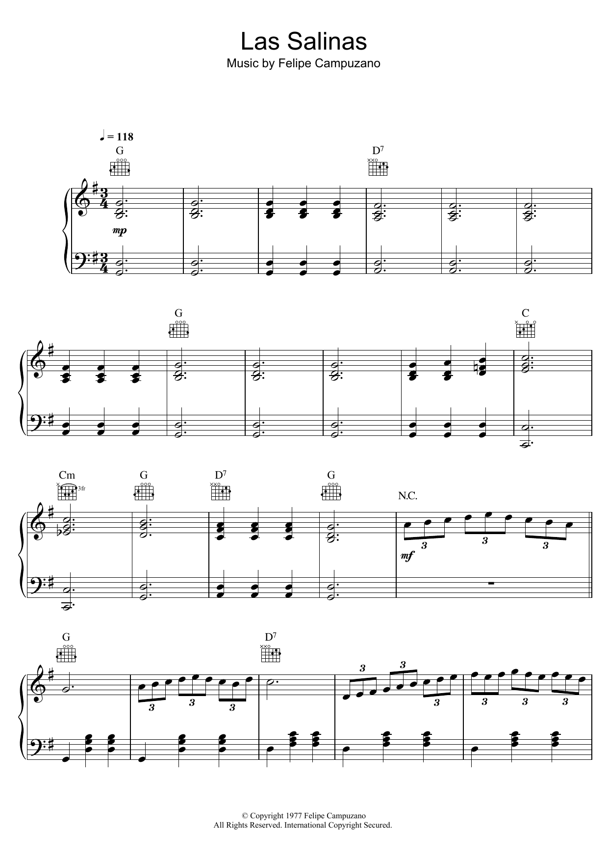 Download Felipe Campuzano Las Salinas Sheet Music and learn how to play Piano, Vocal & Guitar (Right-Hand Melody) PDF digital score in minutes