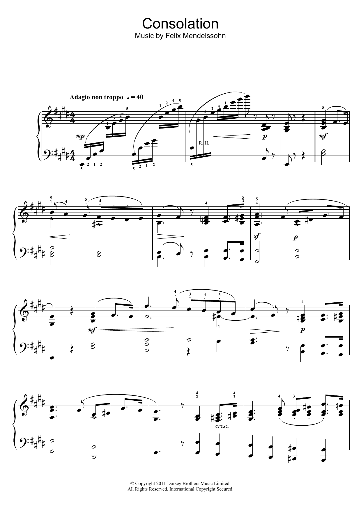 Download Felix Mendelssohn Consolation Sheet Music and learn how to play Piano PDF digital score in minutes