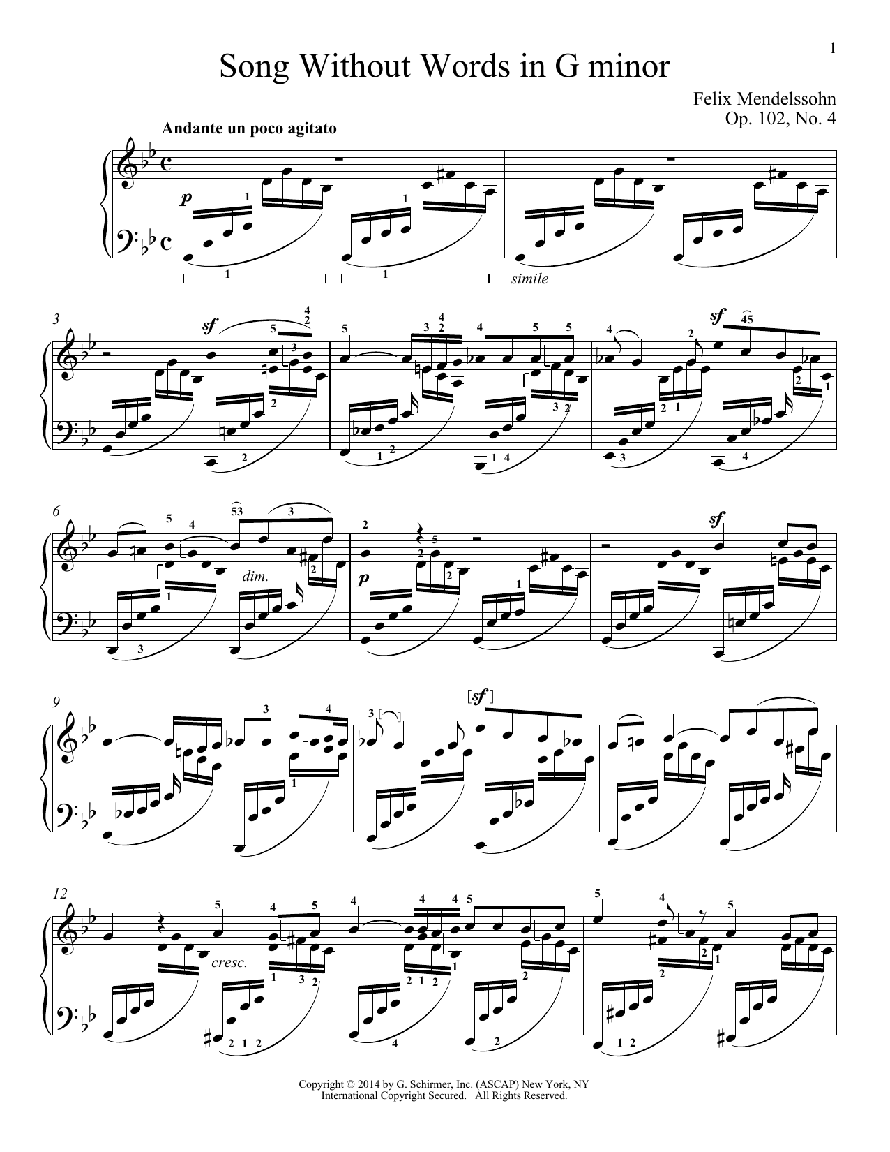 Download Felix Mendelssohn Song Without Words In G Minor, Op. 102, No. 4 Sheet Music and learn how to play Piano PDF digital score in minutes