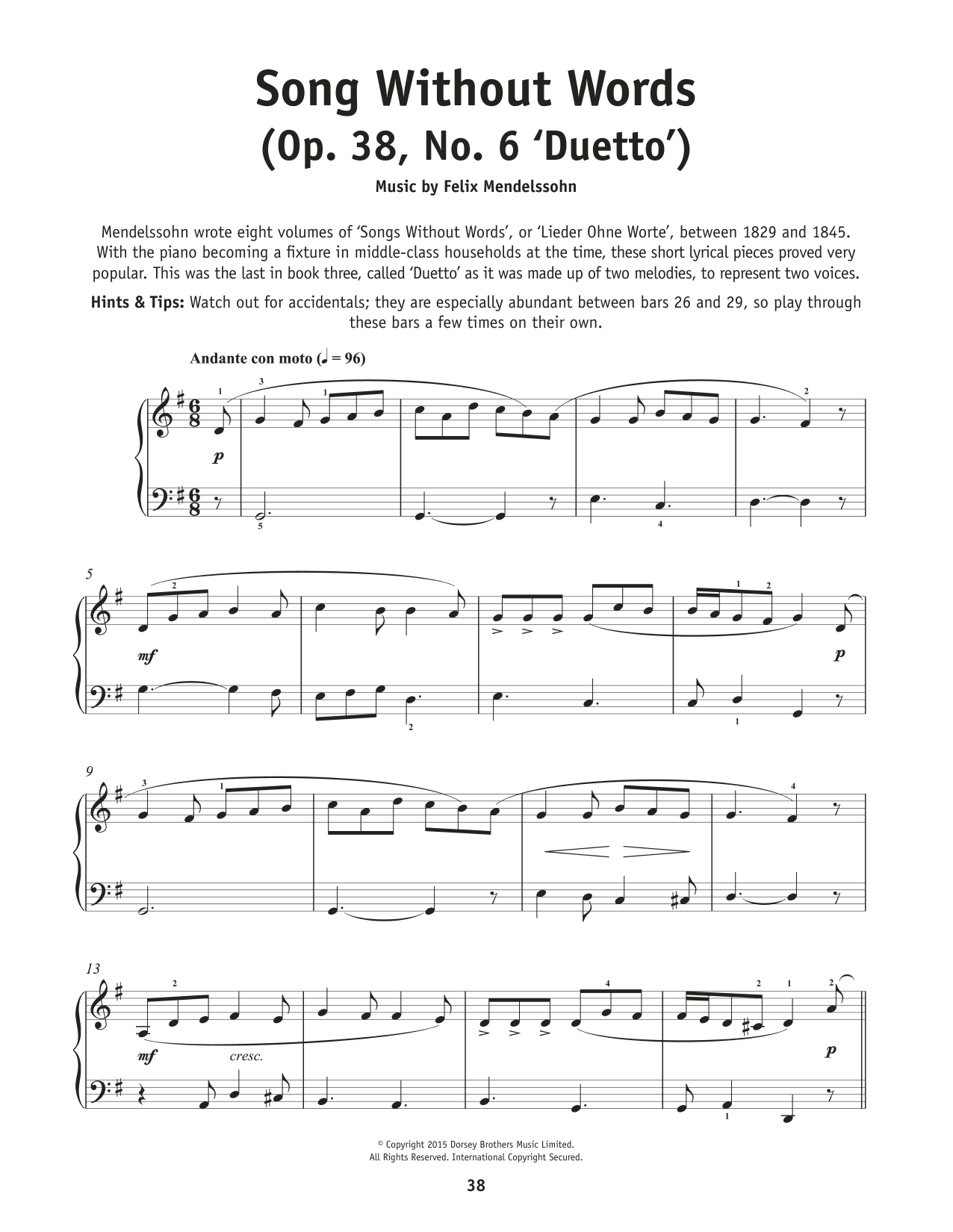 Download Felix Mendelssohn Song Without Words, Op. 38, No. 6 Sheet Music and learn how to play Really Easy Piano PDF digital score in minutes