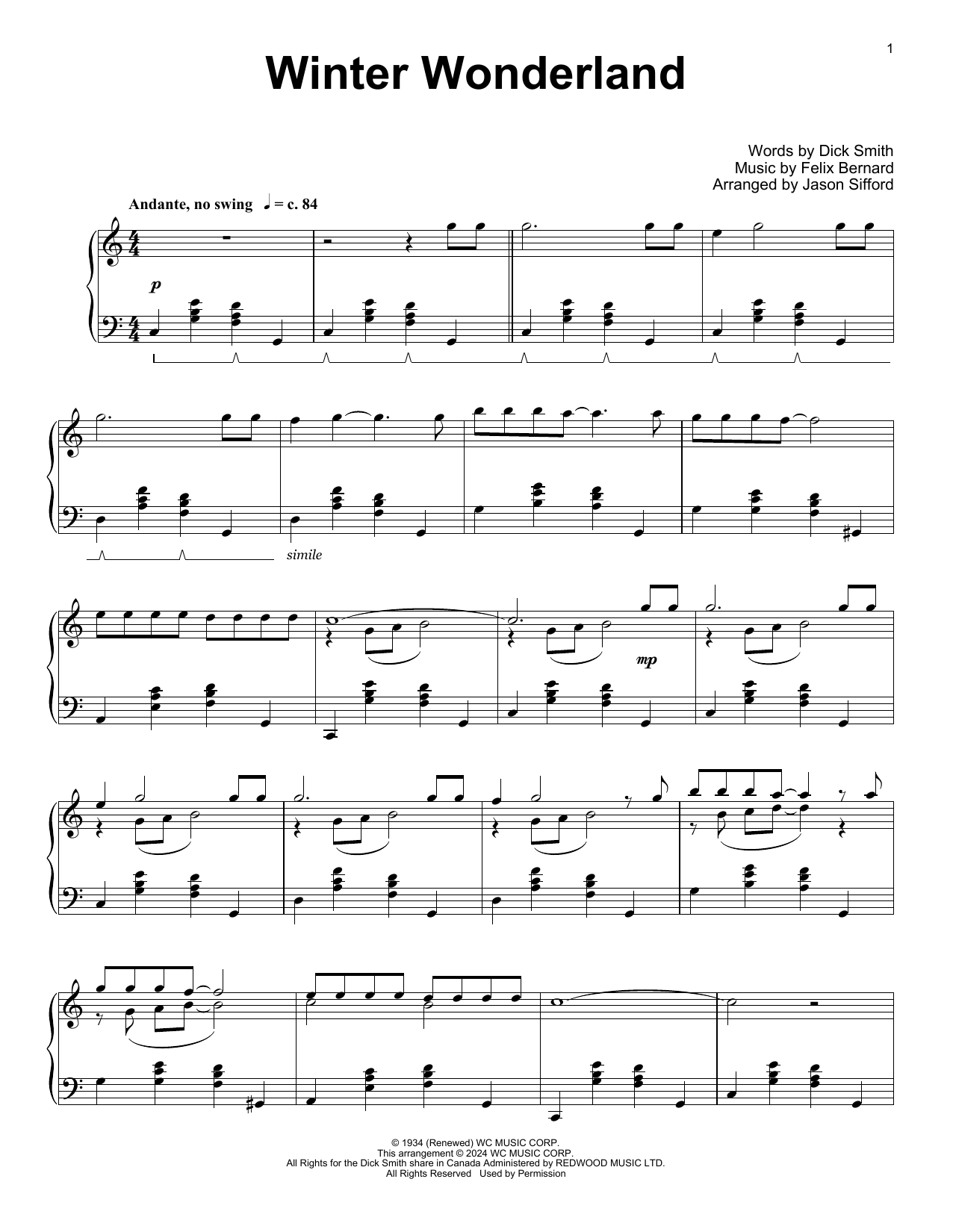 Download Felix Bernard Winter Wonderland (arr. Jason Sifford) Sheet Music and learn how to play Educational Piano PDF digital score in minutes