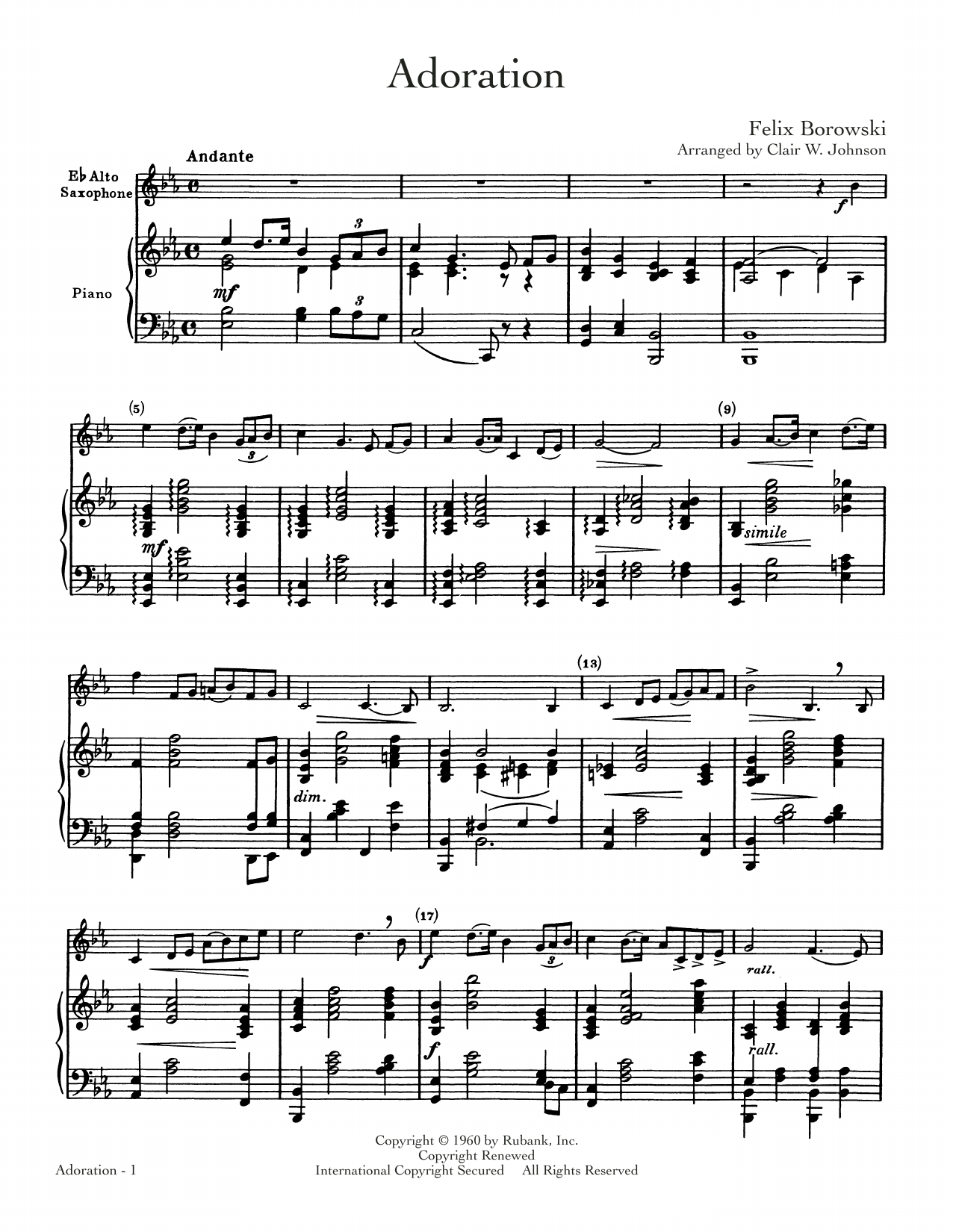 Download Felix Borowski Adoration Sheet Music and learn how to play Alto Sax and Piano PDF digital score in minutes