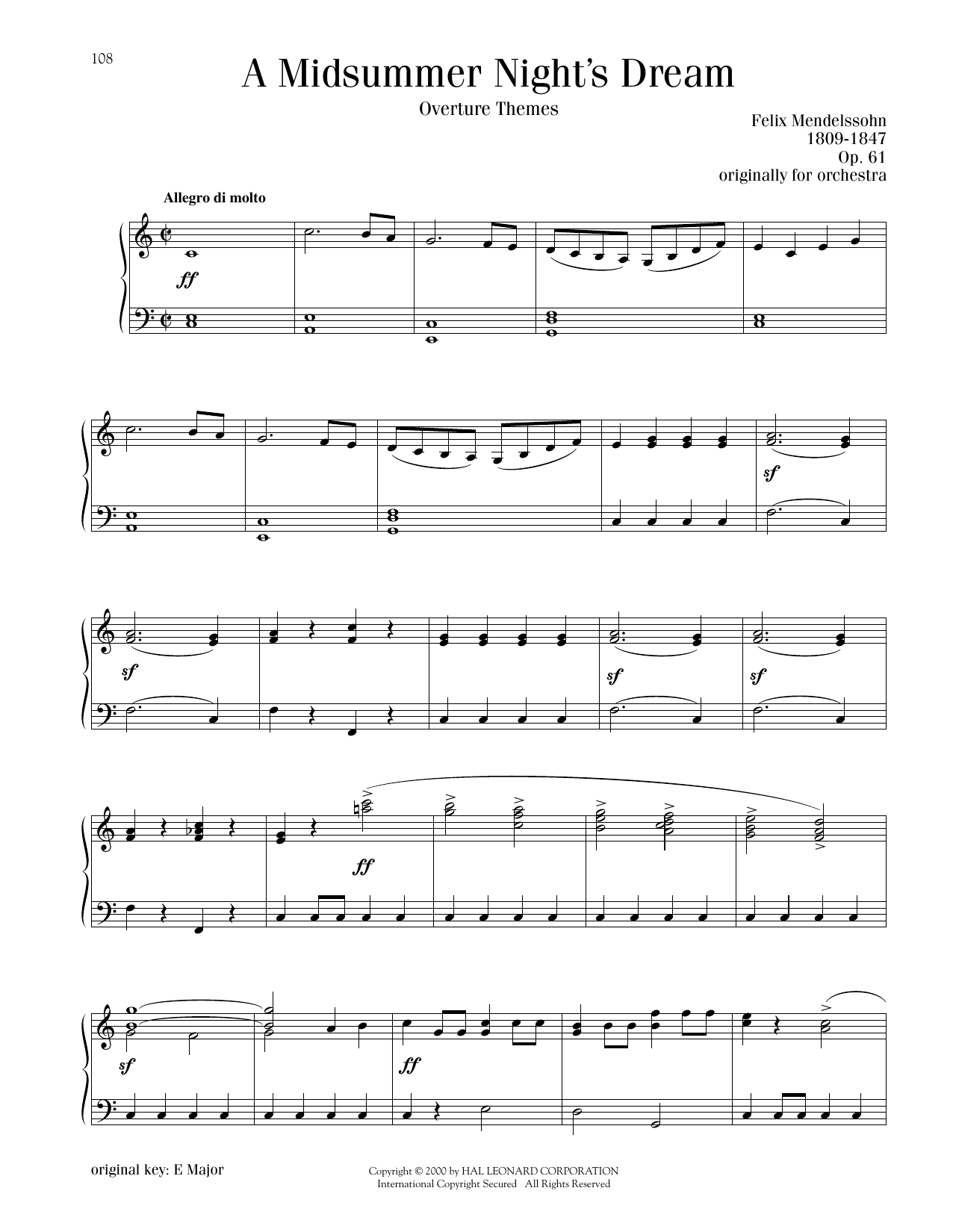 Download Felix Mendelssohn A Midsummer Night's Dream Overture, Excerpt Sheet Music and learn how to play Piano Solo PDF digital score in minutes
