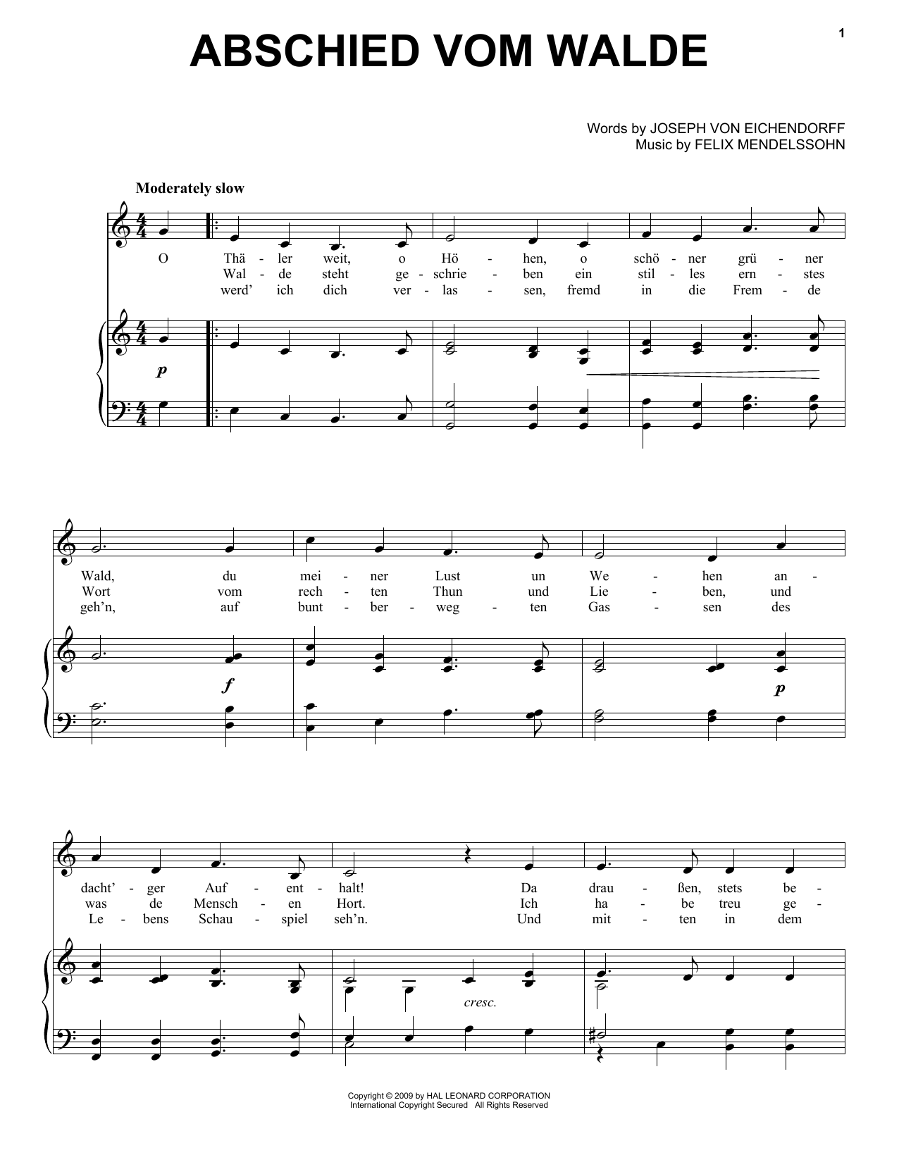 Download Felix Mendelssohn Abschied Vom Walde Sheet Music and learn how to play Piano, Vocal & Guitar (Right-Hand Melody) PDF digital score in minutes
