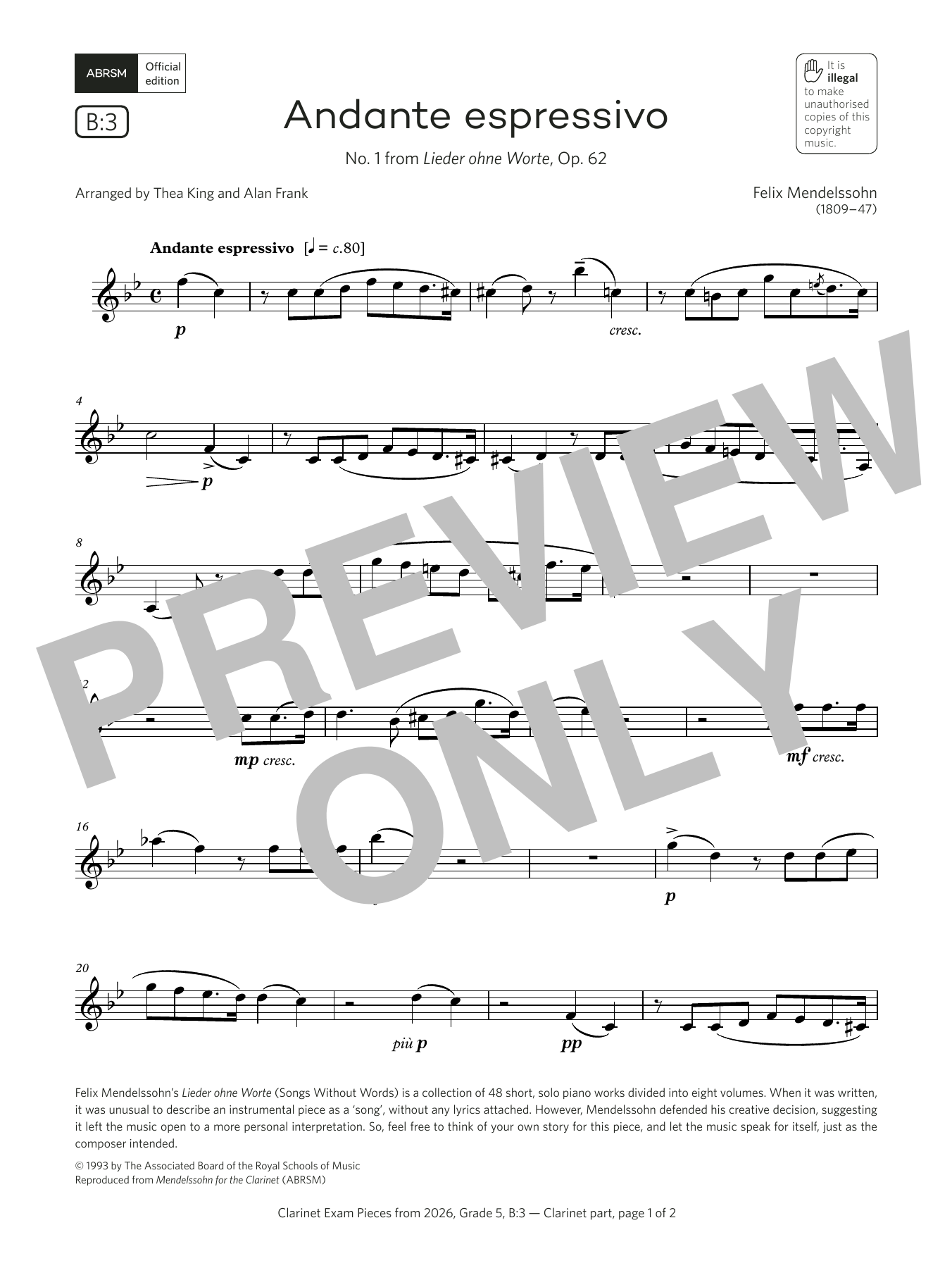 Download Felix Mendelssohn Andante espressivo (Grade 5, list B3, from the ABRSM Clarinet Syllabus from 2026 Sheet Music and learn how to play Clarinet Solo PDF digital score in minutes