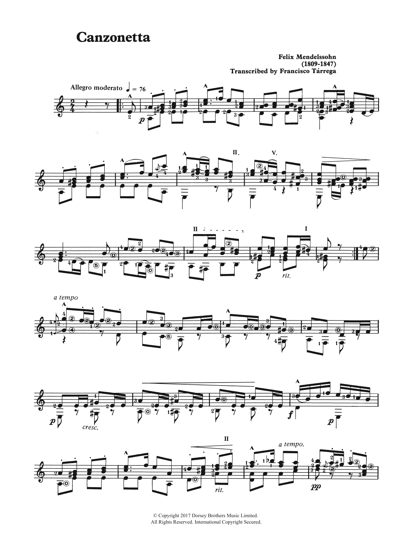 Download Felix Mendelssohn Canzonetta (from The String Quartet, Op. 12) Sheet Music and learn how to play Guitar PDF digital score in minutes
