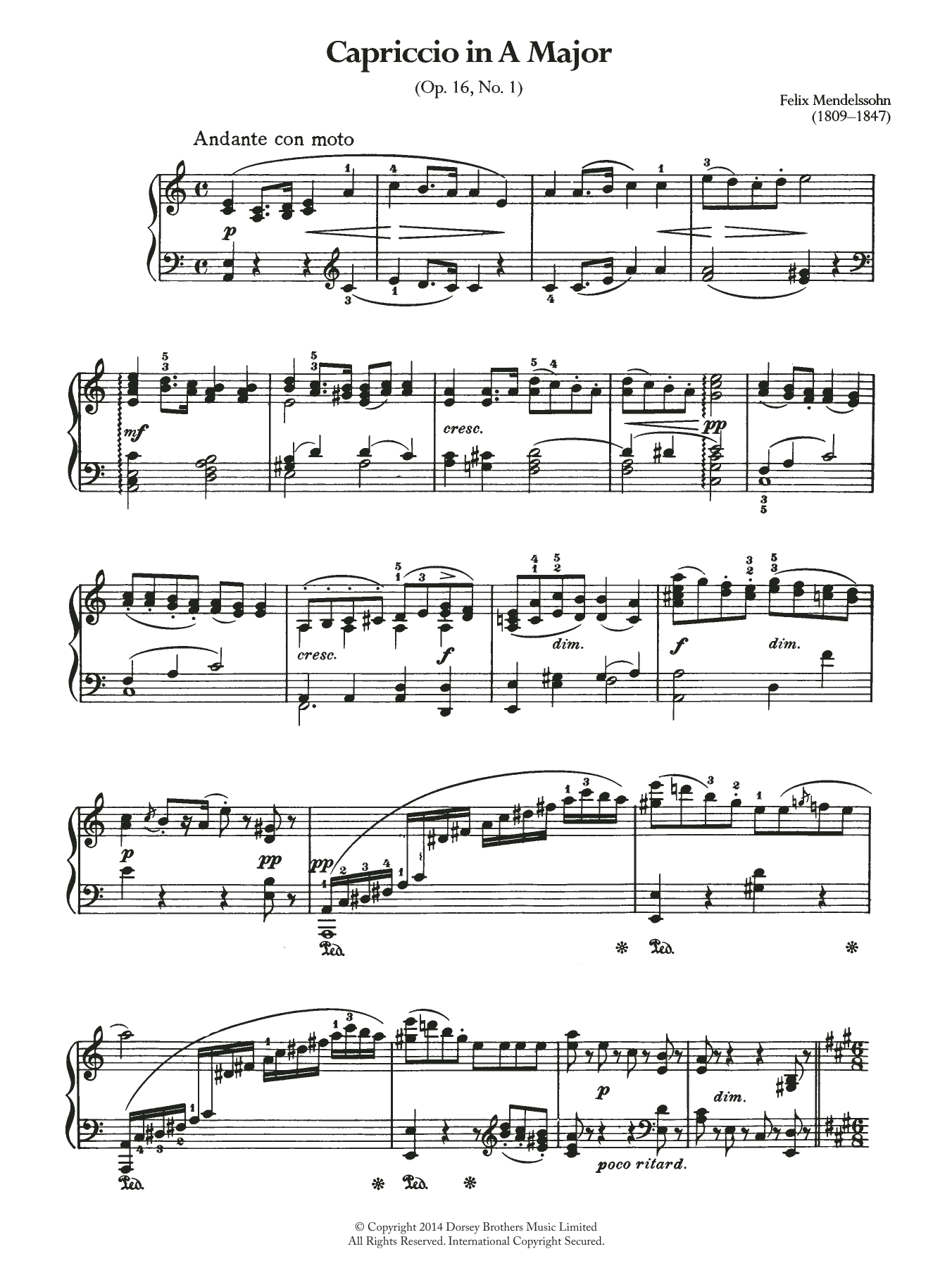 Download Felix Mendelssohn Capriccio In A Major Sheet Music and learn how to play Piano PDF digital score in minutes