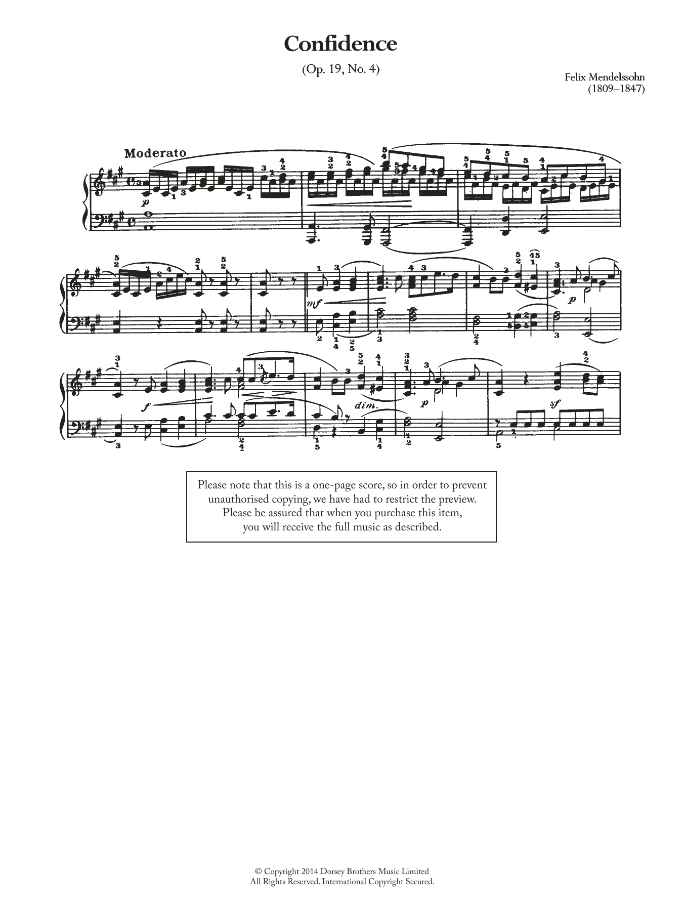 Download Felix Mendelssohn Confidence Op.19, No.4 Sheet Music and learn how to play Piano PDF digital score in minutes
