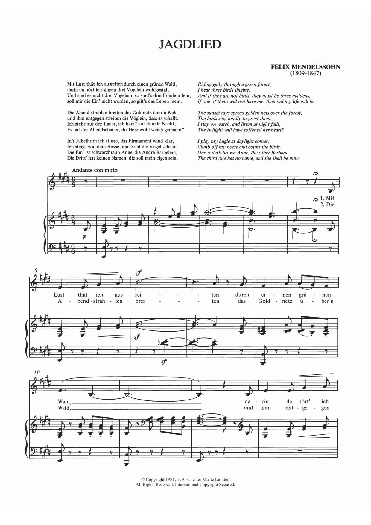 Download Felix Mendelssohn Jagdlied Sheet Music and learn how to play Piano & Vocal PDF digital score in minutes