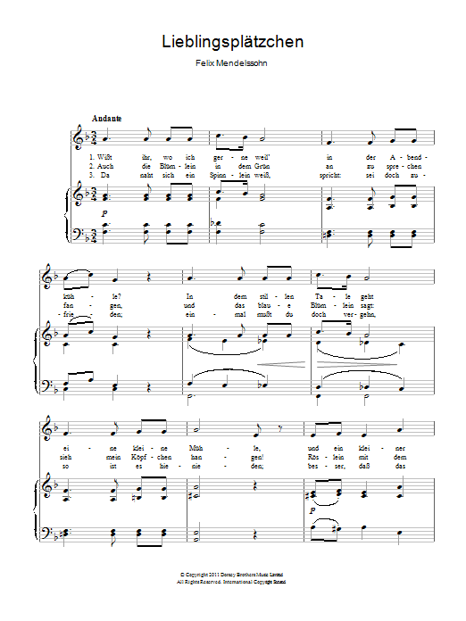 Download Felix Mendelssohn Lieblingsplatzchen Sheet Music and learn how to play Piano & Vocal PDF digital score in minutes
