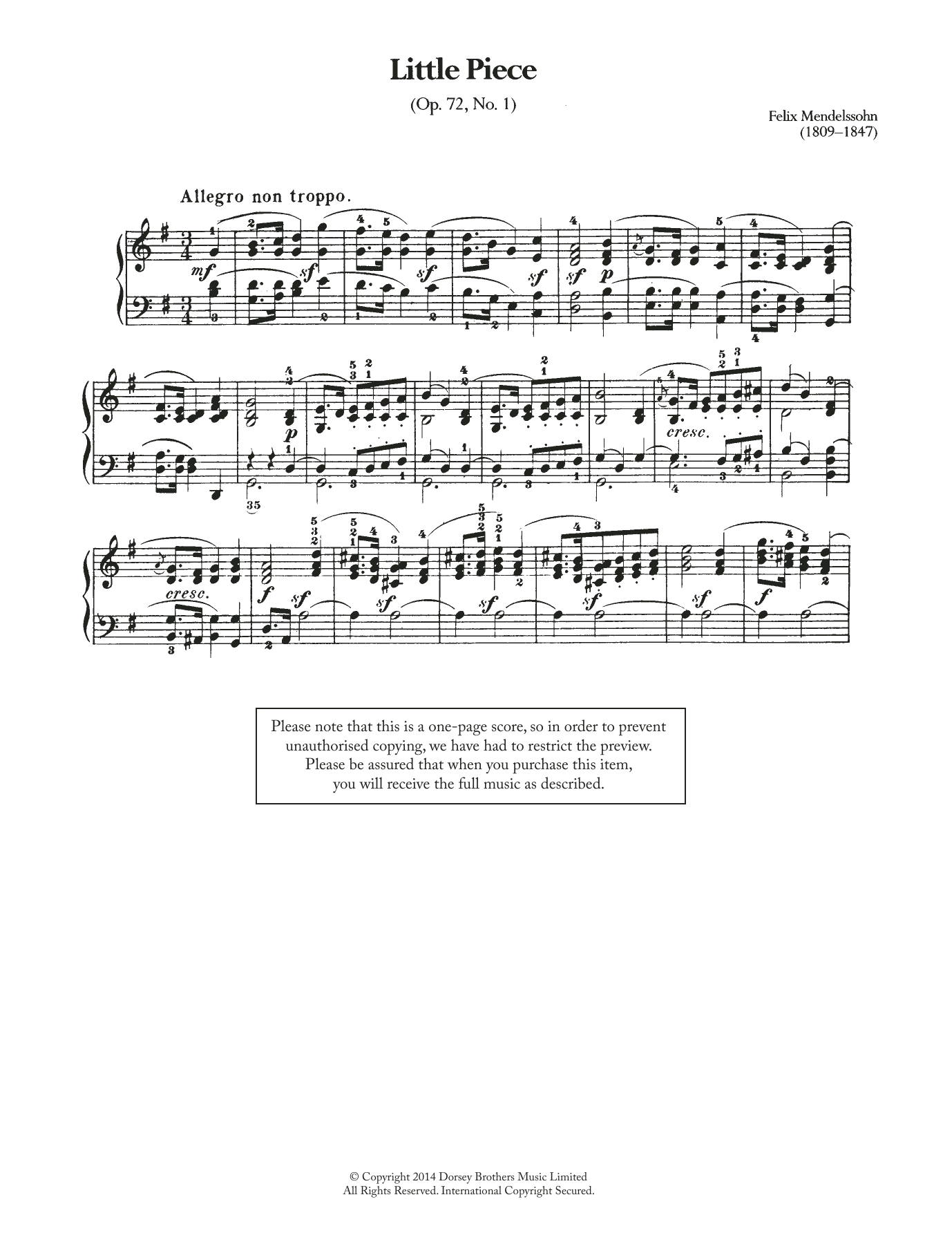 Download Felix Mendelssohn Little Piece, Op.72 No.1 Sheet Music and learn how to play Piano PDF digital score in minutes