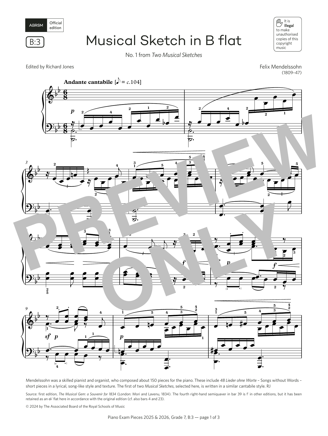 Download Felix Mendelssohn Musical Sketch in B flat (Grade 7, list B3, from the ABRSM Piano Syllabus 2025 & Sheet Music and learn how to play Piano Solo PDF digital score in minutes