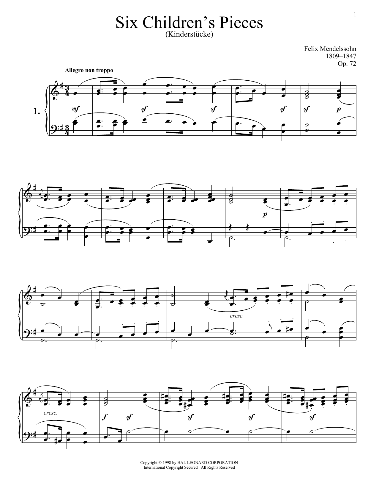 Download Felix Mendelssohn Six Children's Pieces (Kinderstucke), Op. 72 Sheet Music and learn how to play Piano PDF digital score in minutes