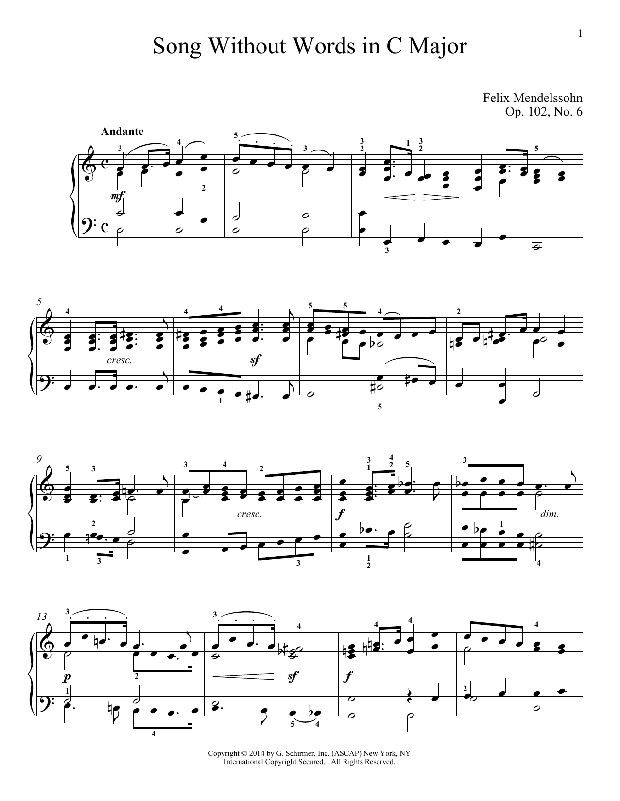 Download Felix Mendelssohn Song Without Words In C Major, Op. 102, No. 6 Sheet Music and learn how to play Piano PDF digital score in minutes