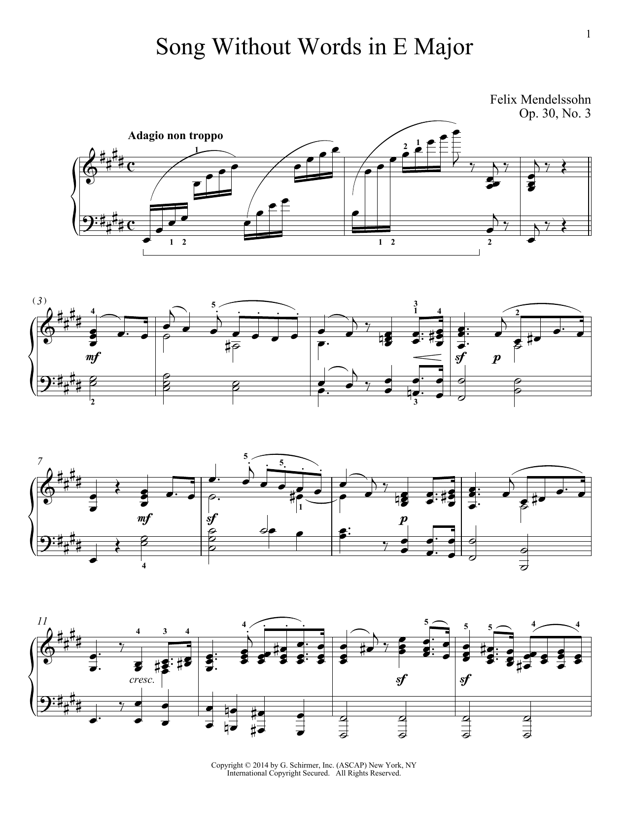 Download Felix Mendelssohn Song Without Words In E Major, Op. 30, No. 3 Sheet Music and learn how to play Piano PDF digital score in minutes