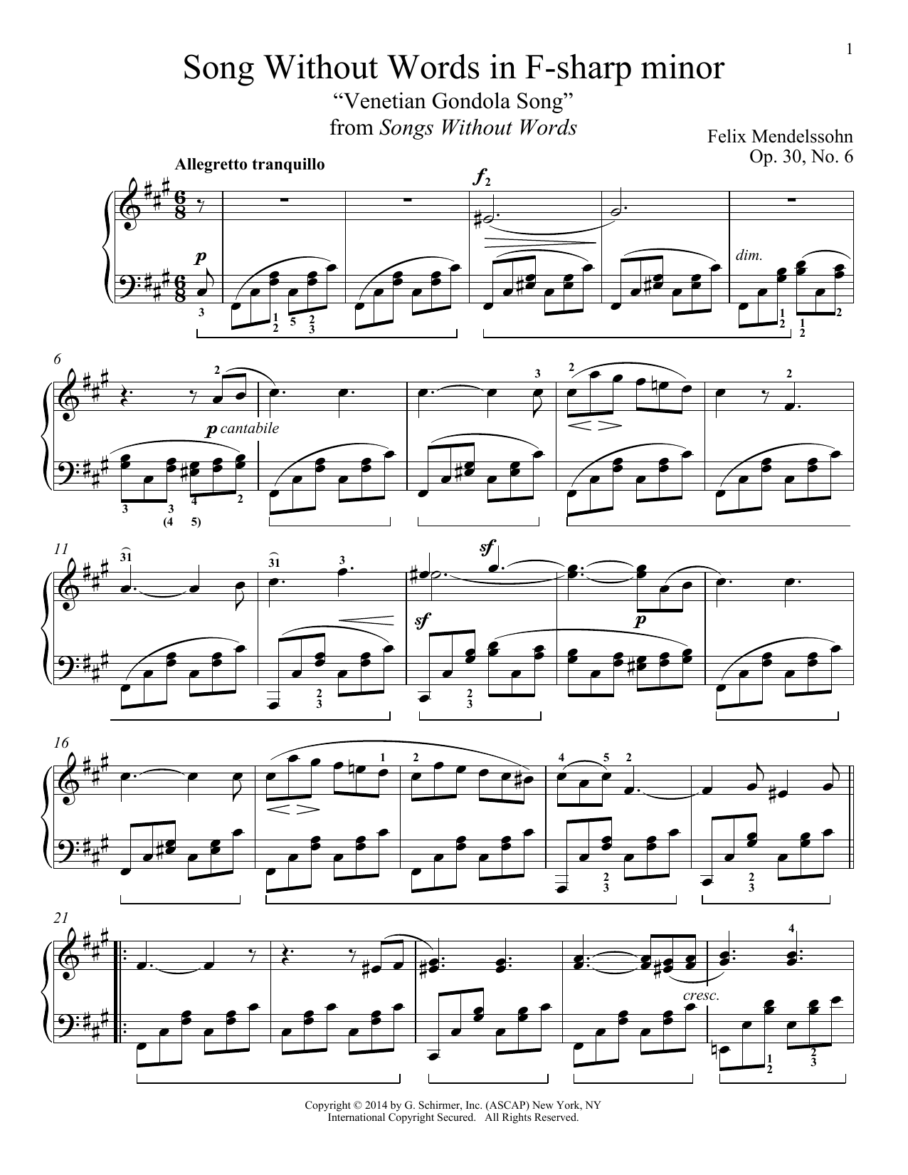 Download Felix Mendelssohn Song Without Words In F-Sharp Minor 