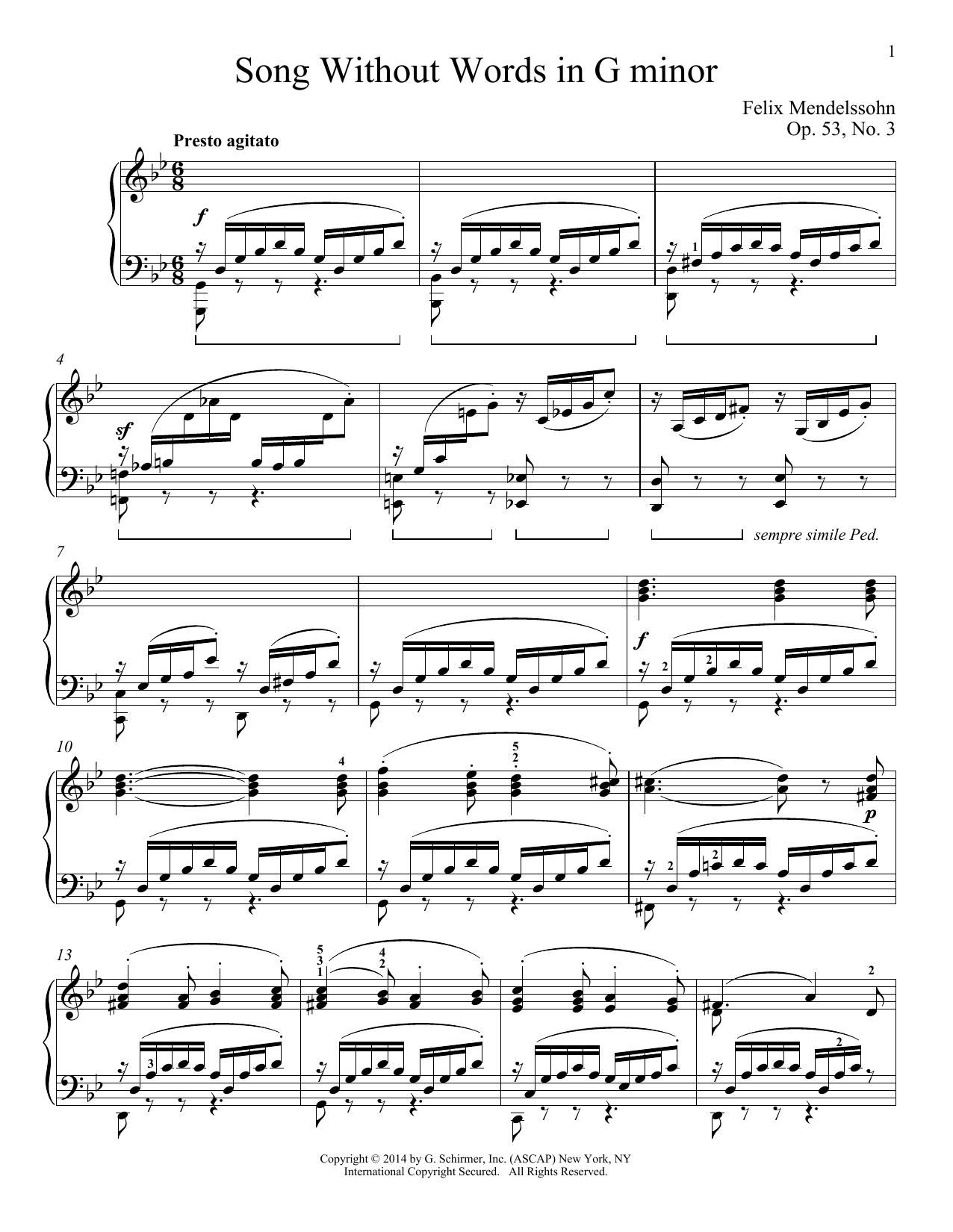 Download Felix Mendelssohn Song Without Words In G Minor, Op. 53, No. 3 Sheet Music and learn how to play Piano PDF digital score in minutes