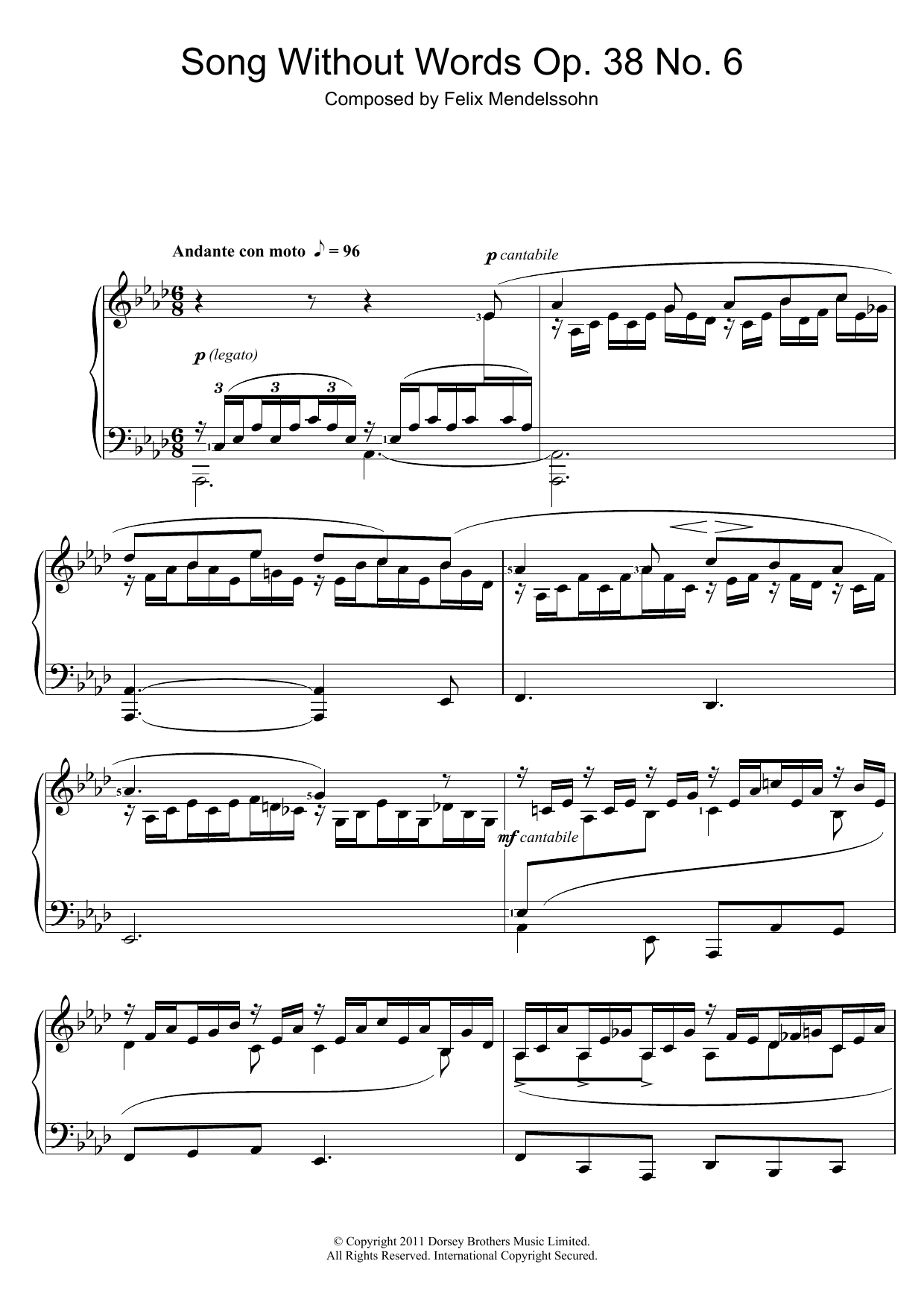 Download Felix Mendelssohn Song Without Words, Op. 38, No. 6 ‘Duetto' Sheet Music and learn how to play Beginner Piano PDF digital score in minutes