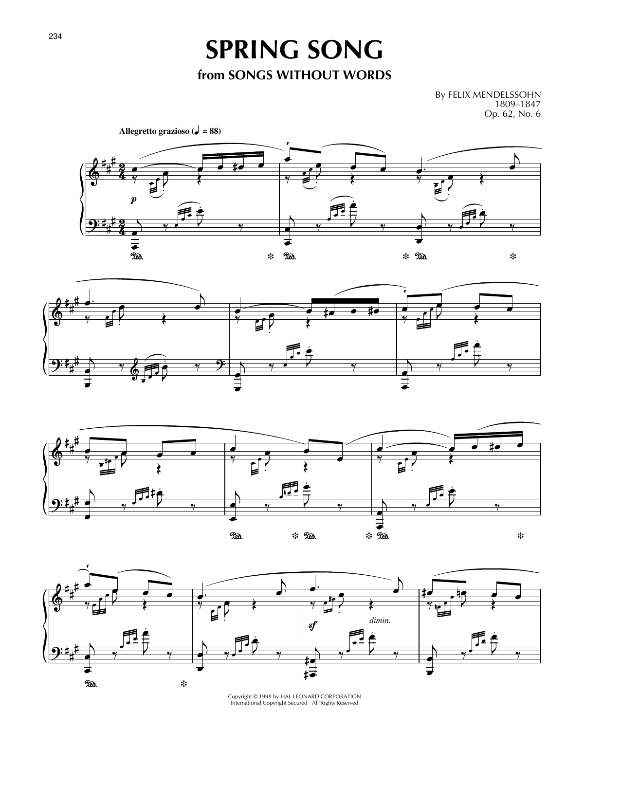 Download Felix Mendelssohn Song Without Words, Op. 62, No. 6 Sheet Music and learn how to play Piano Solo PDF digital score in minutes