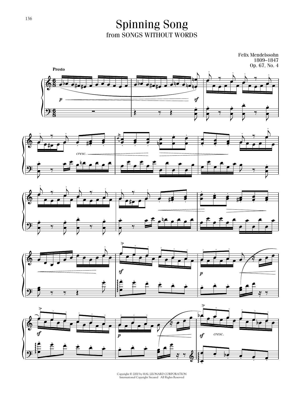 Download Felix Mendelssohn Spinning Song Sheet Music and learn how to play Piano Solo PDF digital score in minutes