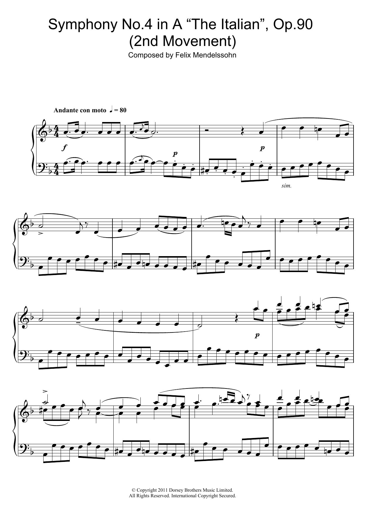 Download Felix Mendelssohn Symphony No.4 ‘The Italian' (2nd Movement: Andante Con Moto) Sheet Music and learn how to play Piano PDF digital score in minutes