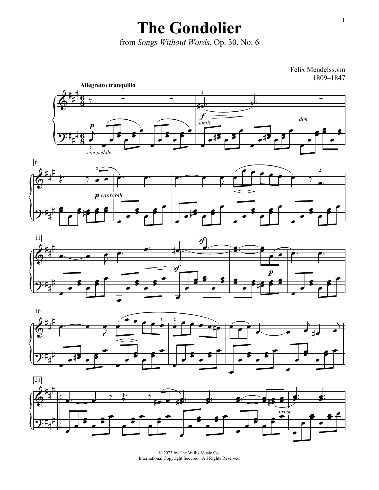 Download Felix Mendelssohn The Gondolier Sheet Music and learn how to play Educational Piano PDF digital score in minutes