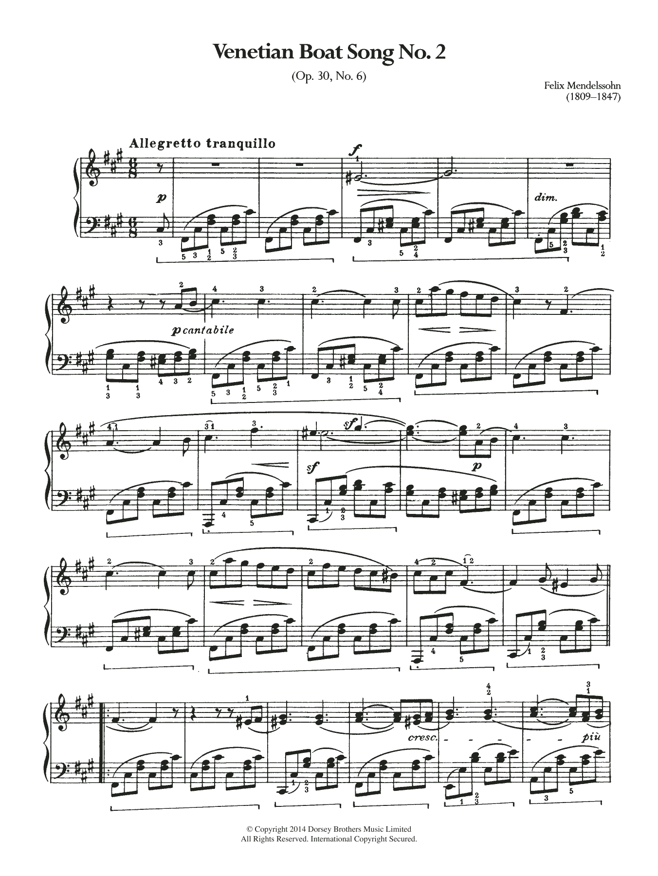 Download Felix Mendelssohn Venetian Boat Song No.2 Sheet Music and learn how to play Piano PDF digital score in minutes