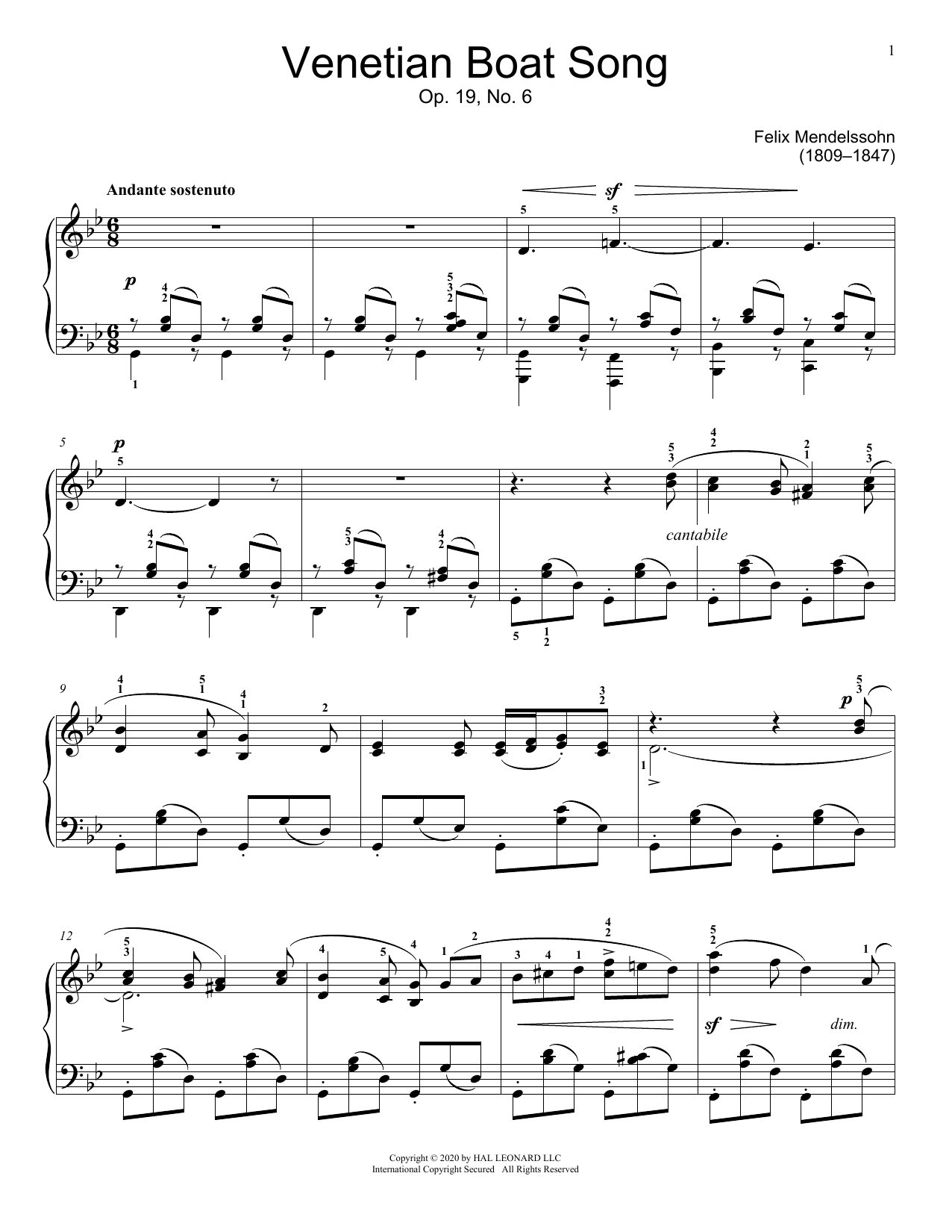 Download Felix Mendelssohn Venetian Boat Song, Op. 19, No. 6 Sheet Music and learn how to play Educational Piano PDF digital score in minutes