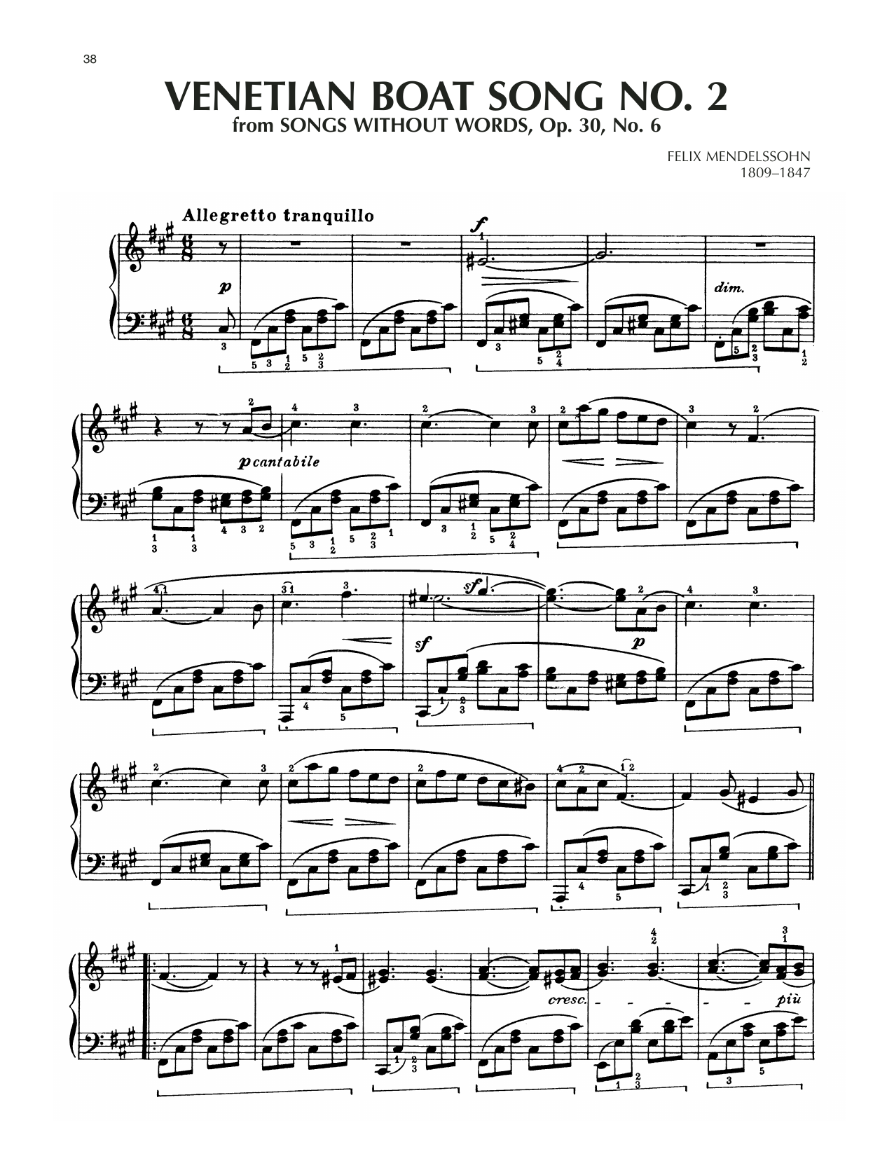 Download Felix Mendelssohn Venetian Boat Song, Op. 30, No. 6 Sheet Music and learn how to play Educational Piano PDF digital score in minutes