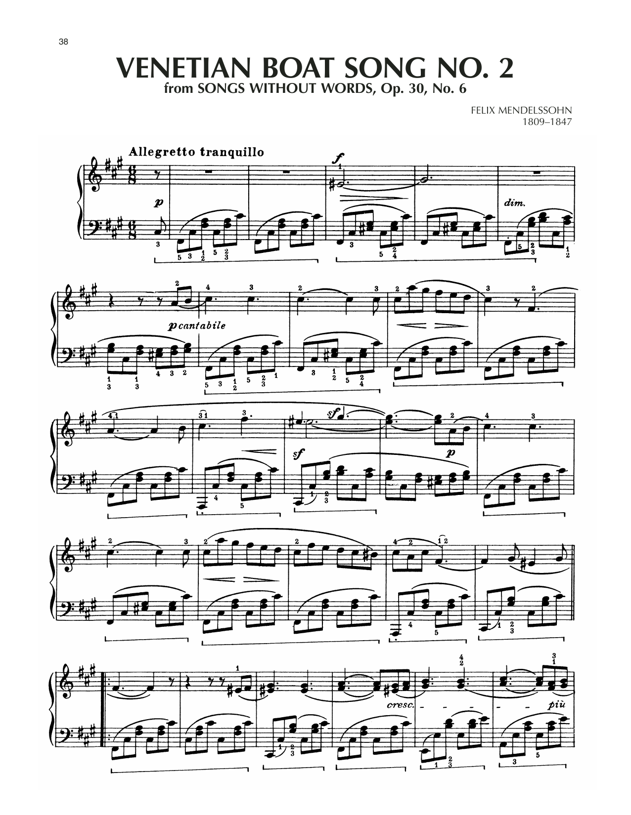 Download Felix Mendelssohn Venetian Boat Song, Op. 30, No. 6 Sheet Music and learn how to play Piano Solo PDF digital score in minutes