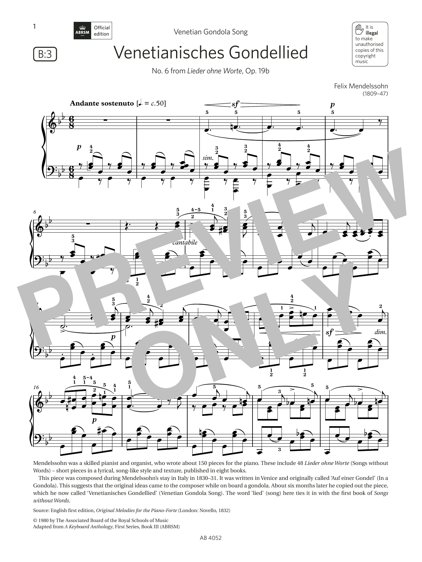 Download Felix Mendelssohn Venetianisches Gondellied (Grade 6, list B3, from the ABRSM Piano Syllabus 2023 Sheet Music and learn how to play Piano Solo PDF digital score in minutes