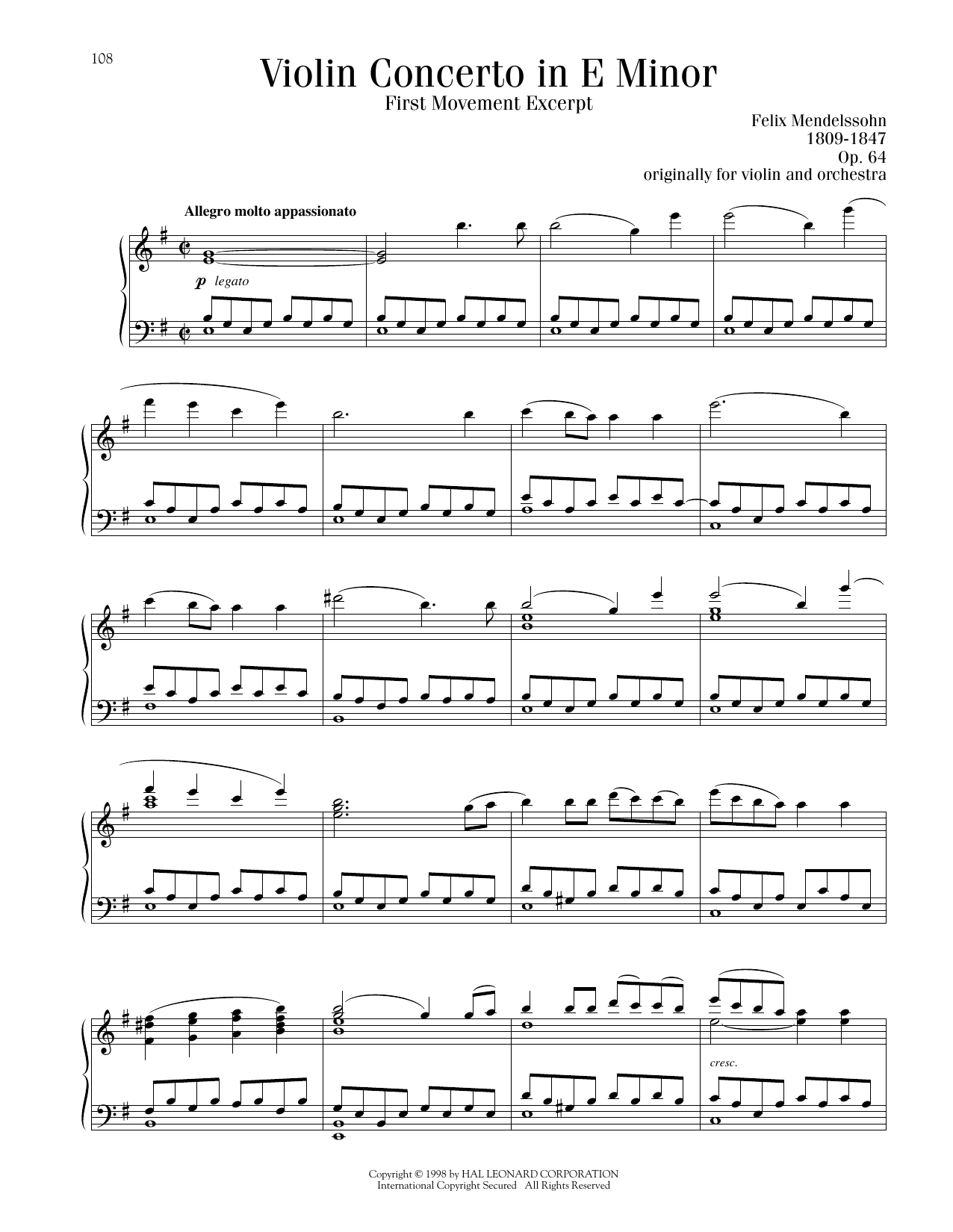 Download Felix Mendelssohn Violin Concerto in E Minor, First Movement Excerpt Sheet Music and learn how to play Piano Solo PDF digital score in minutes