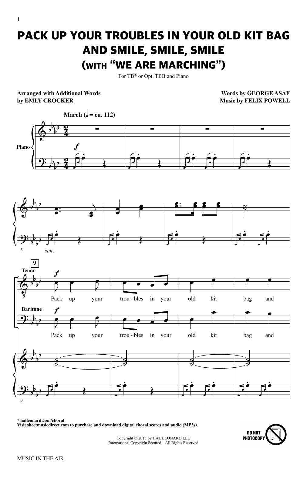 Download Felix Powell Pack Up Your Troubles In Your Old Kit Bag And Smile, Smile, Smile (from Music In Sheet Music and learn how to play TB Choir PDF digital score in minutes