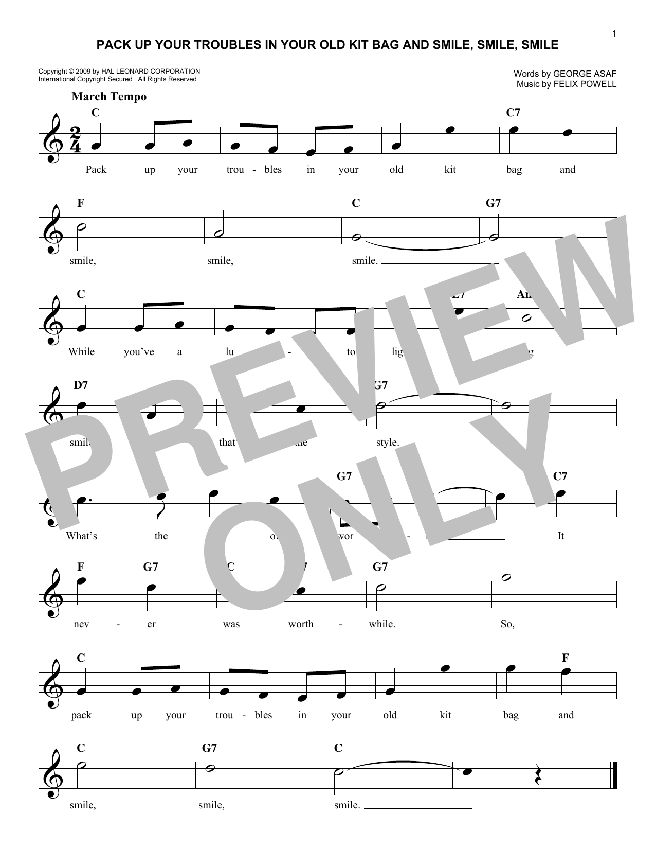 Download Felix Powell Pack Up Your Troubles In Your Old Kit Bag And Smile, Smile, Smile Sheet Music and learn how to play Melody Line, Lyrics & Chords PDF digital score in minutes