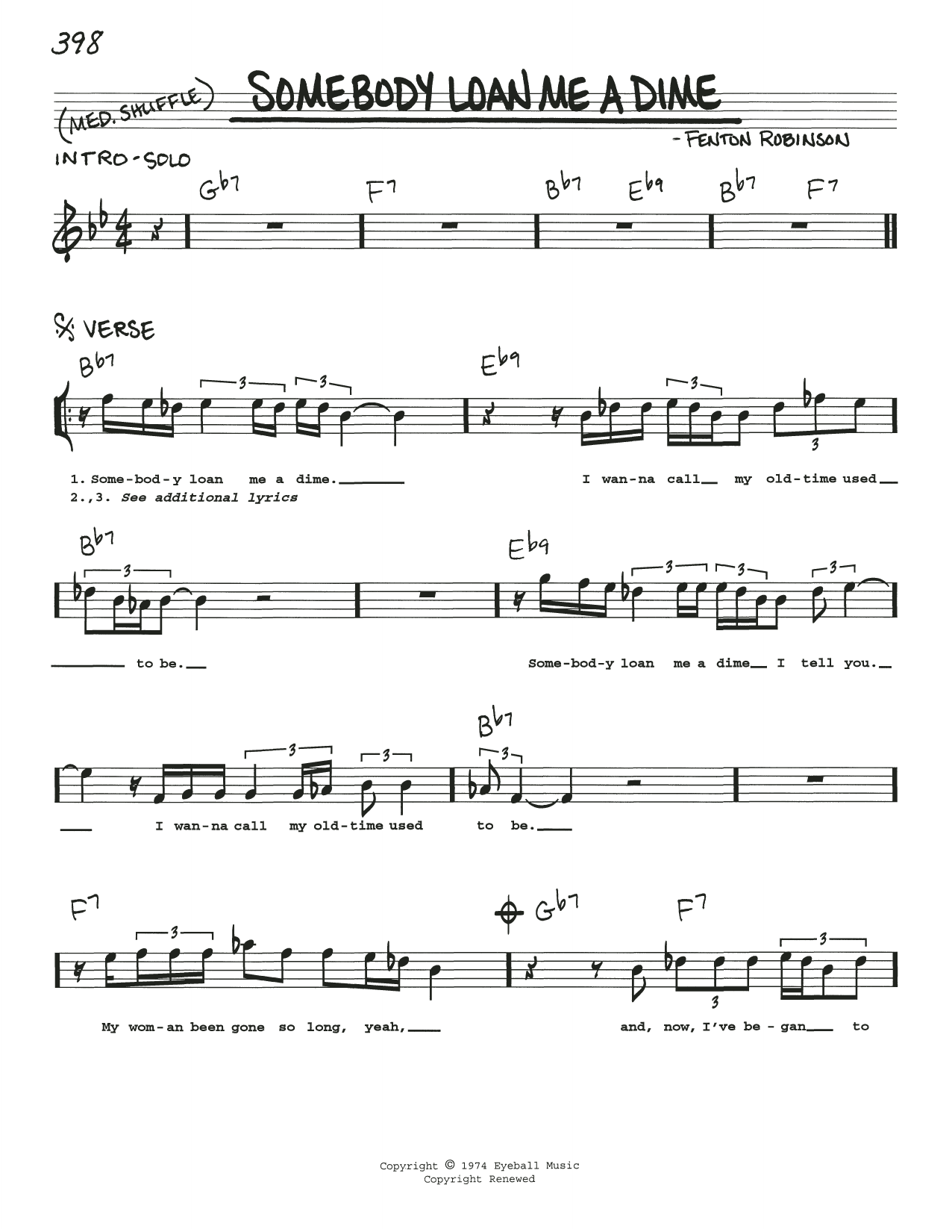 Download Fenton Robinson Somebody Loan Me A Dime Sheet Music and learn how to play Real Book – Melody, Lyrics & Chords PDF digital score in minutes