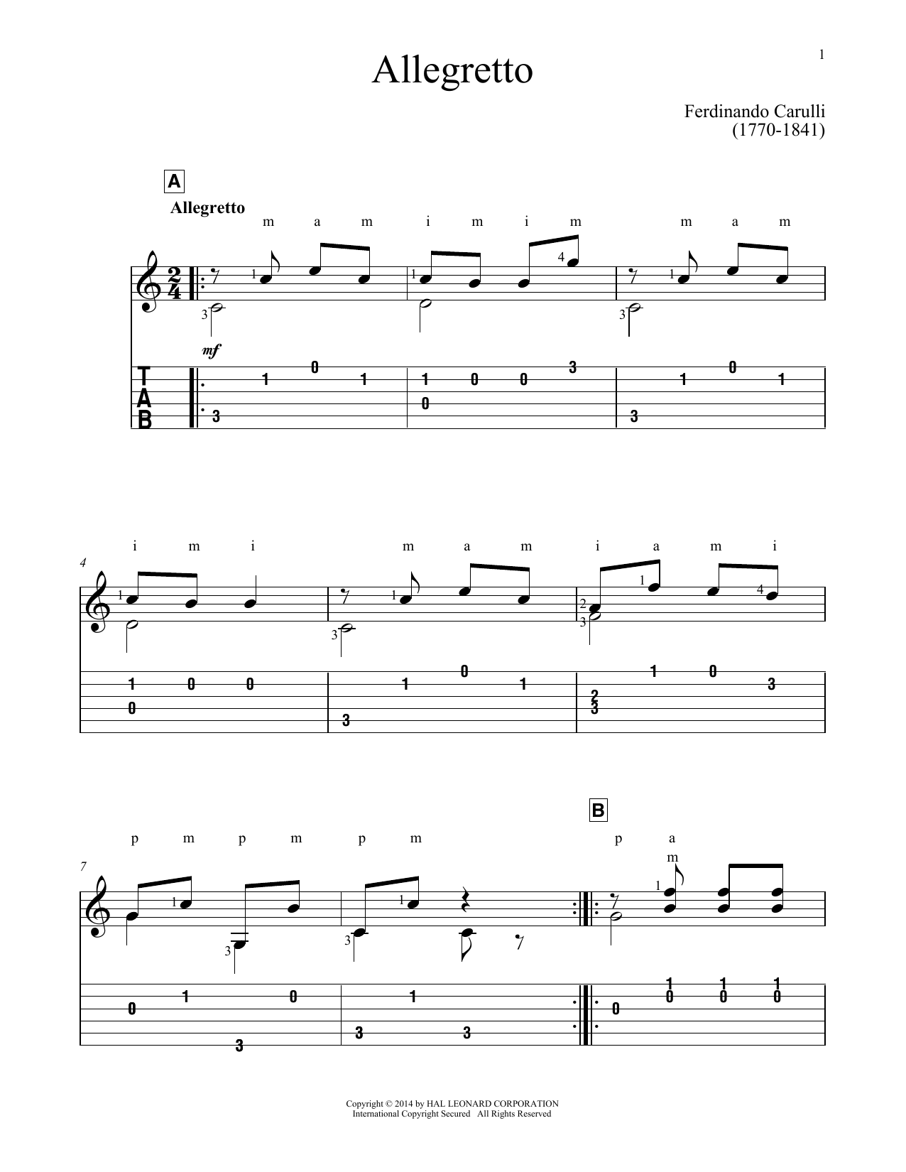 Download Ferdinando Carulli Allegretto Sheet Music and learn how to play Guitar Tab PDF digital score in minutes