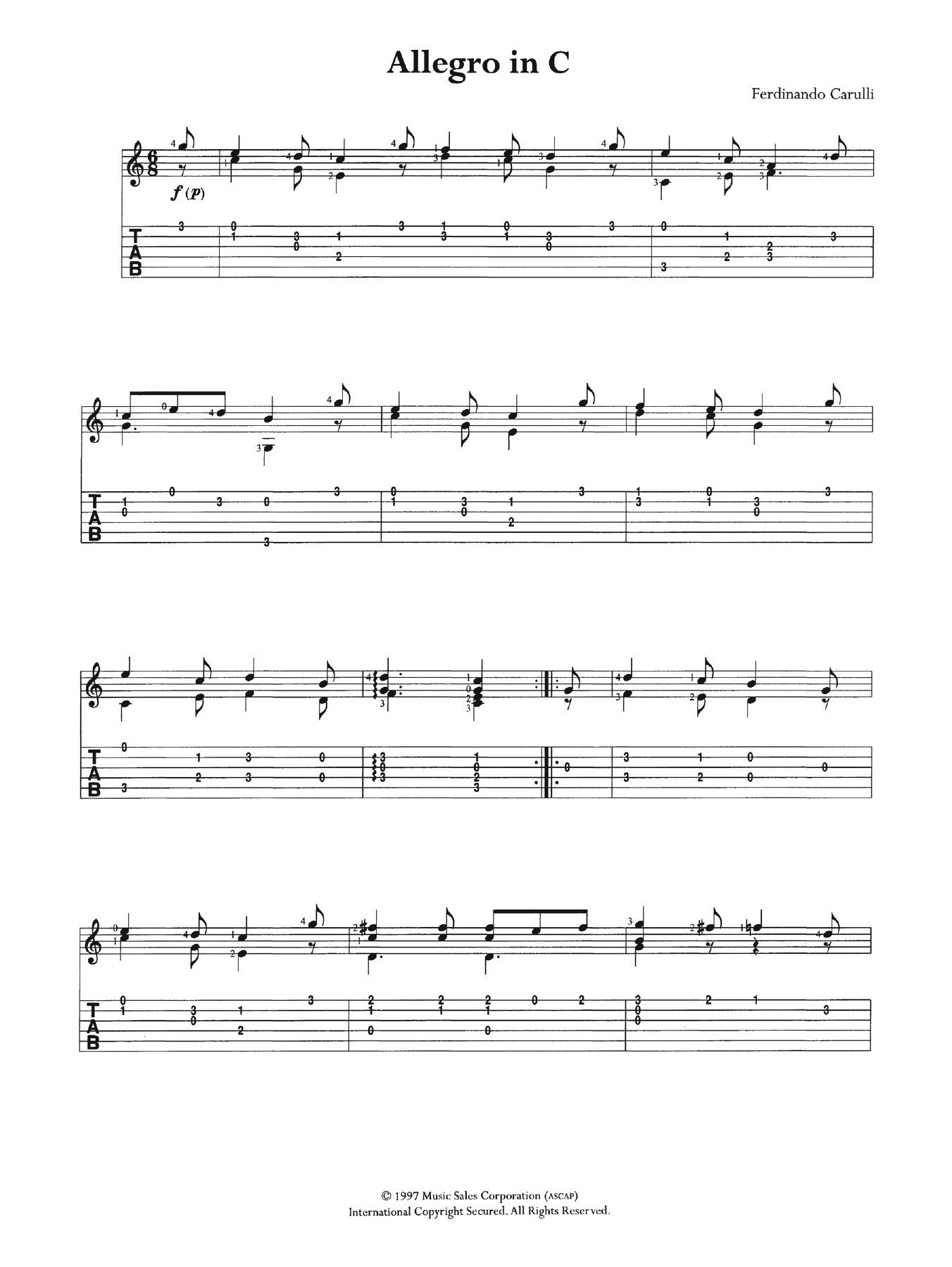 Download Ferdinando Carulli Allegro In C Sheet Music and learn how to play Guitar Tab PDF digital score in minutes