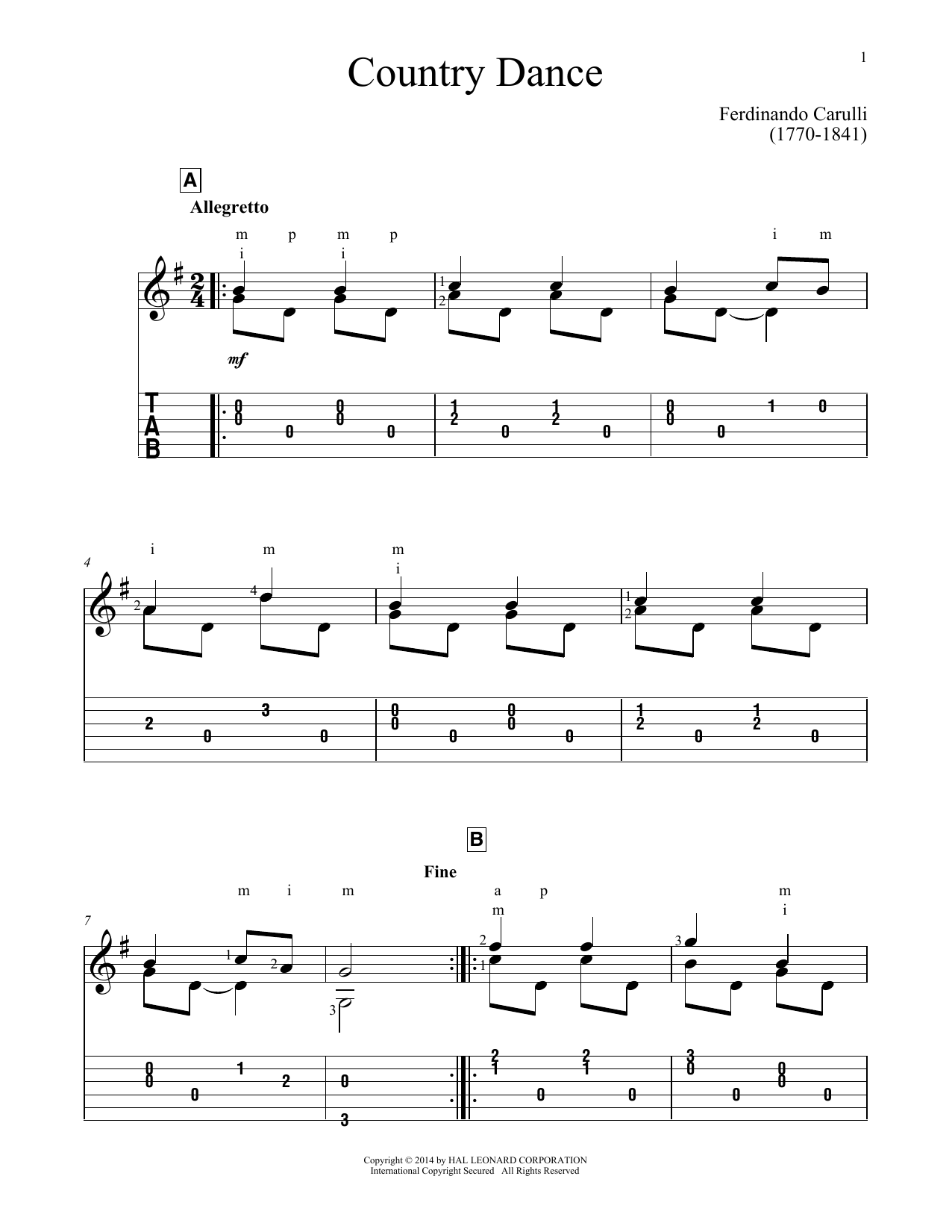 Download Ferdinando Carulli Country Dance Sheet Music and learn how to play Guitar Tab PDF digital score in minutes