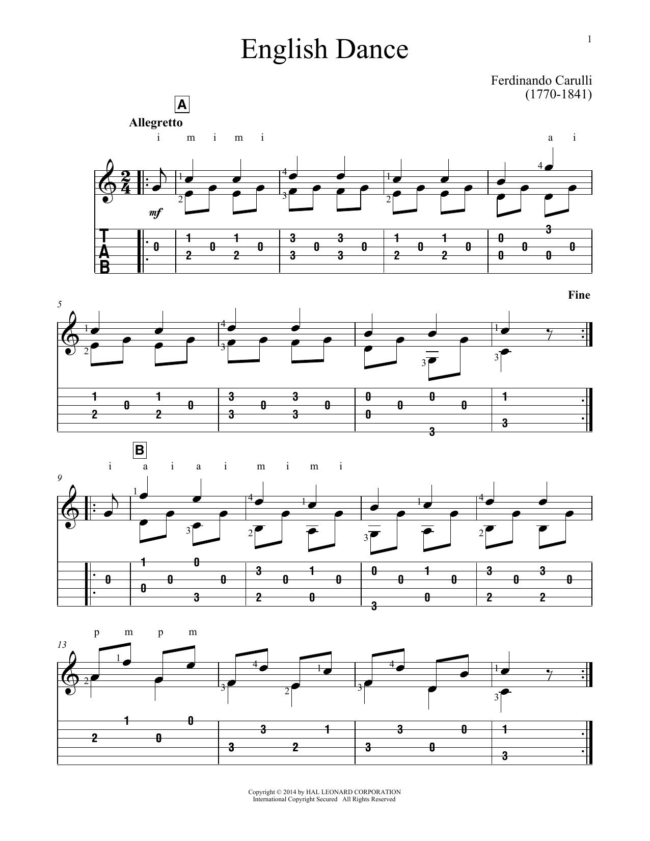 Download Ferdinando Carulli English Dance Sheet Music and learn how to play Guitar Tab PDF digital score in minutes