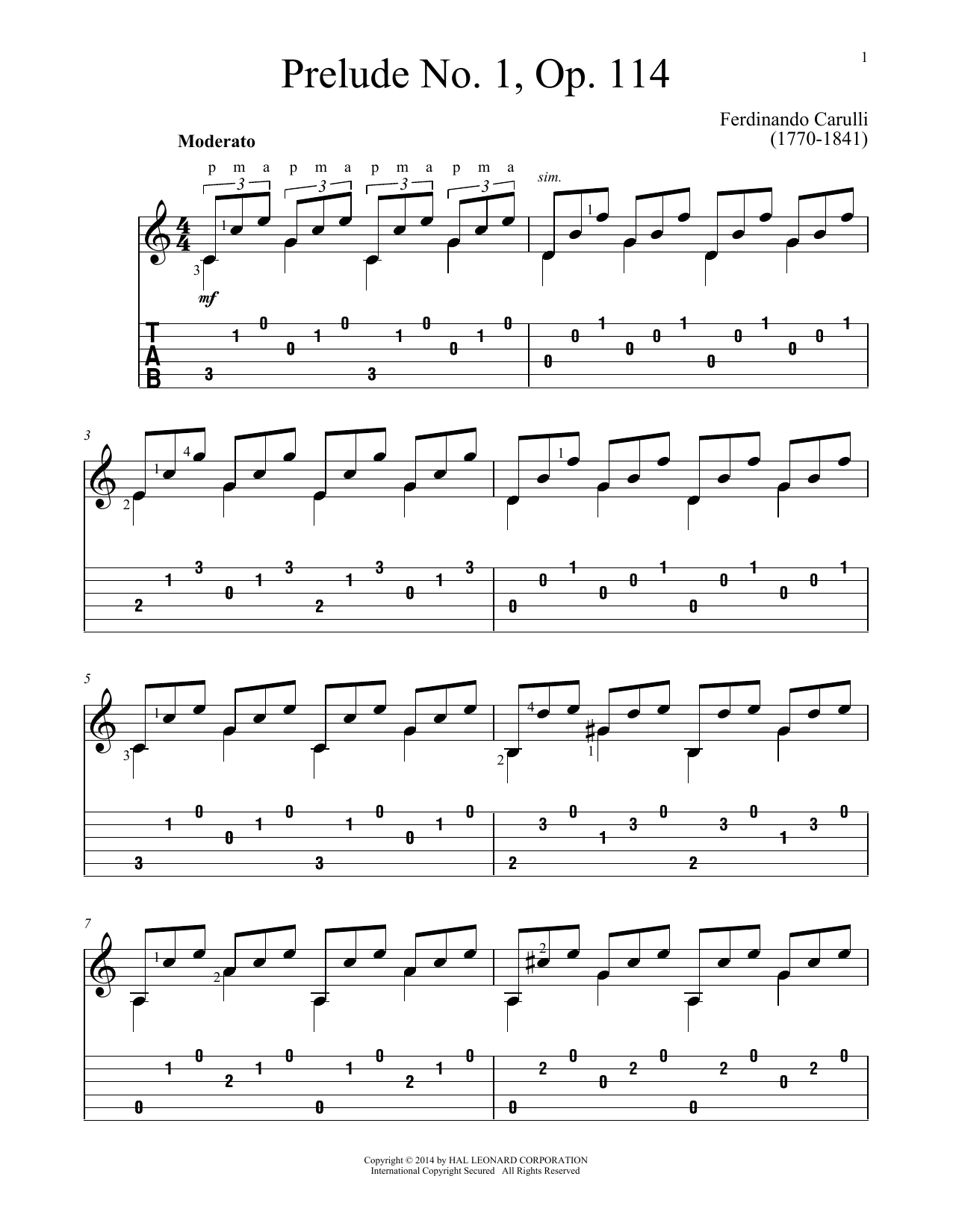 Download Ferdinando Carulli Prelude No. 1, Op. 114 Sheet Music and learn how to play Guitar Tab PDF digital score in minutes