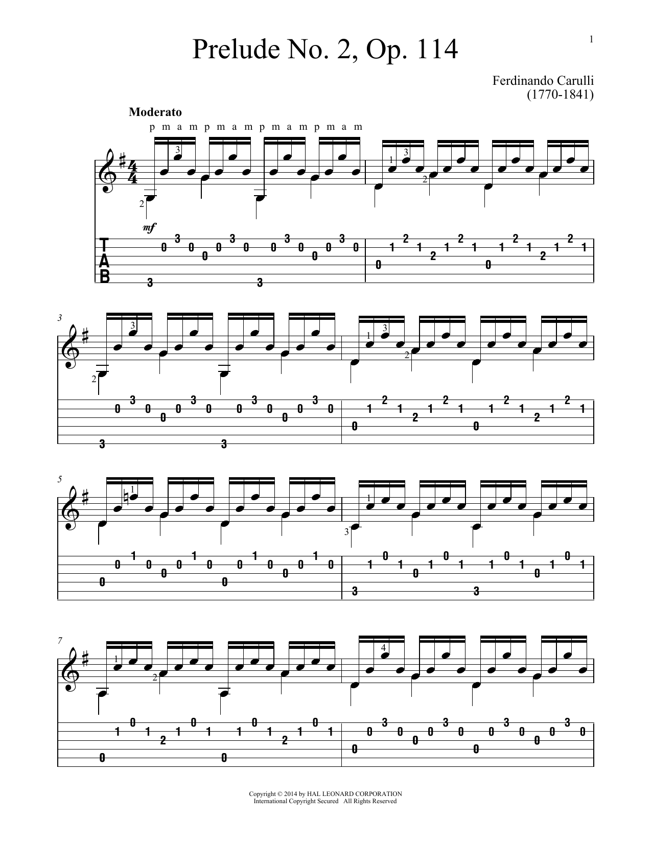 Download Ferdinando Carulli Prelude No. 2, Op. 114 Sheet Music and learn how to play Guitar Tab PDF digital score in minutes