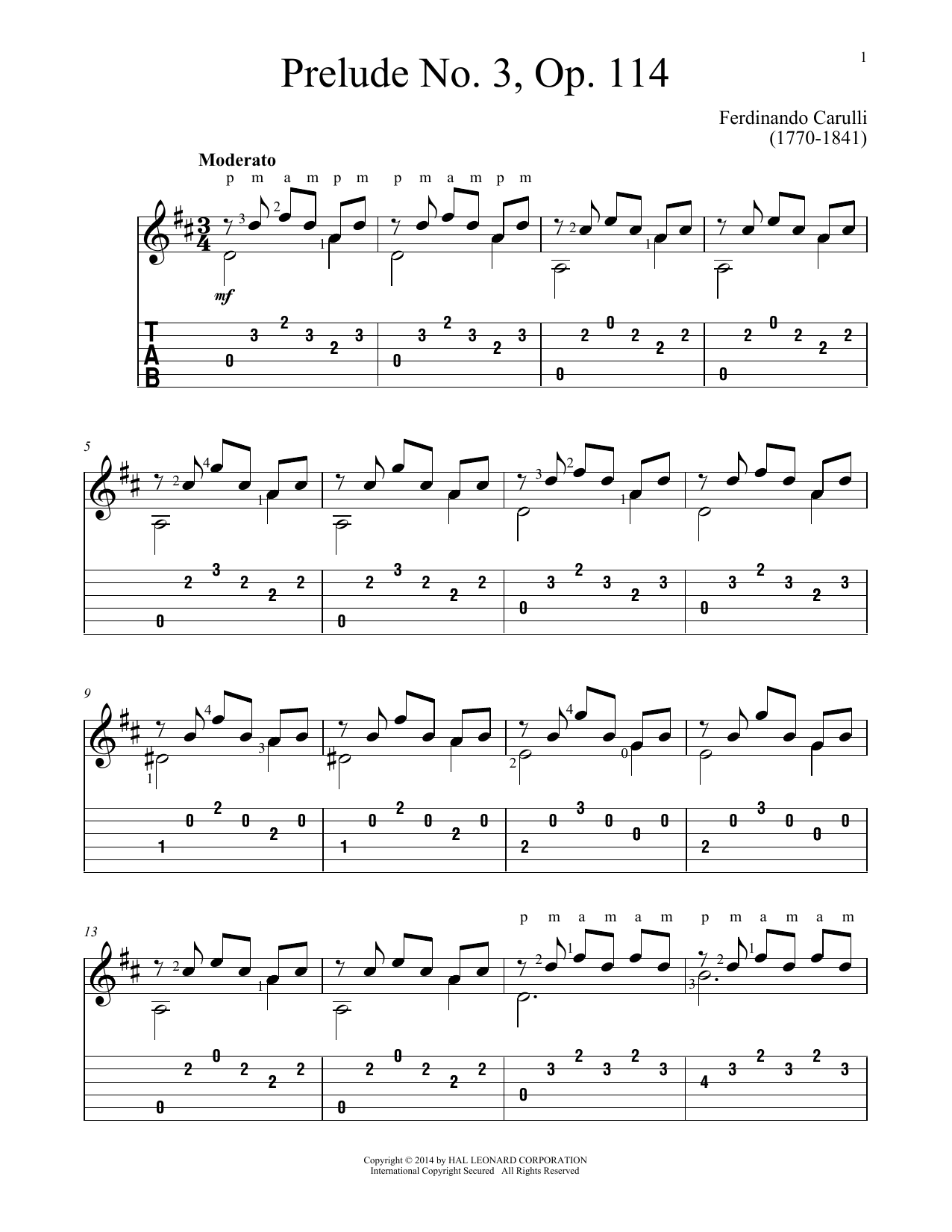 Download Ferdinando Carulli Prelude No. 3, Op. 114 Sheet Music and learn how to play Guitar Tab PDF digital score in minutes