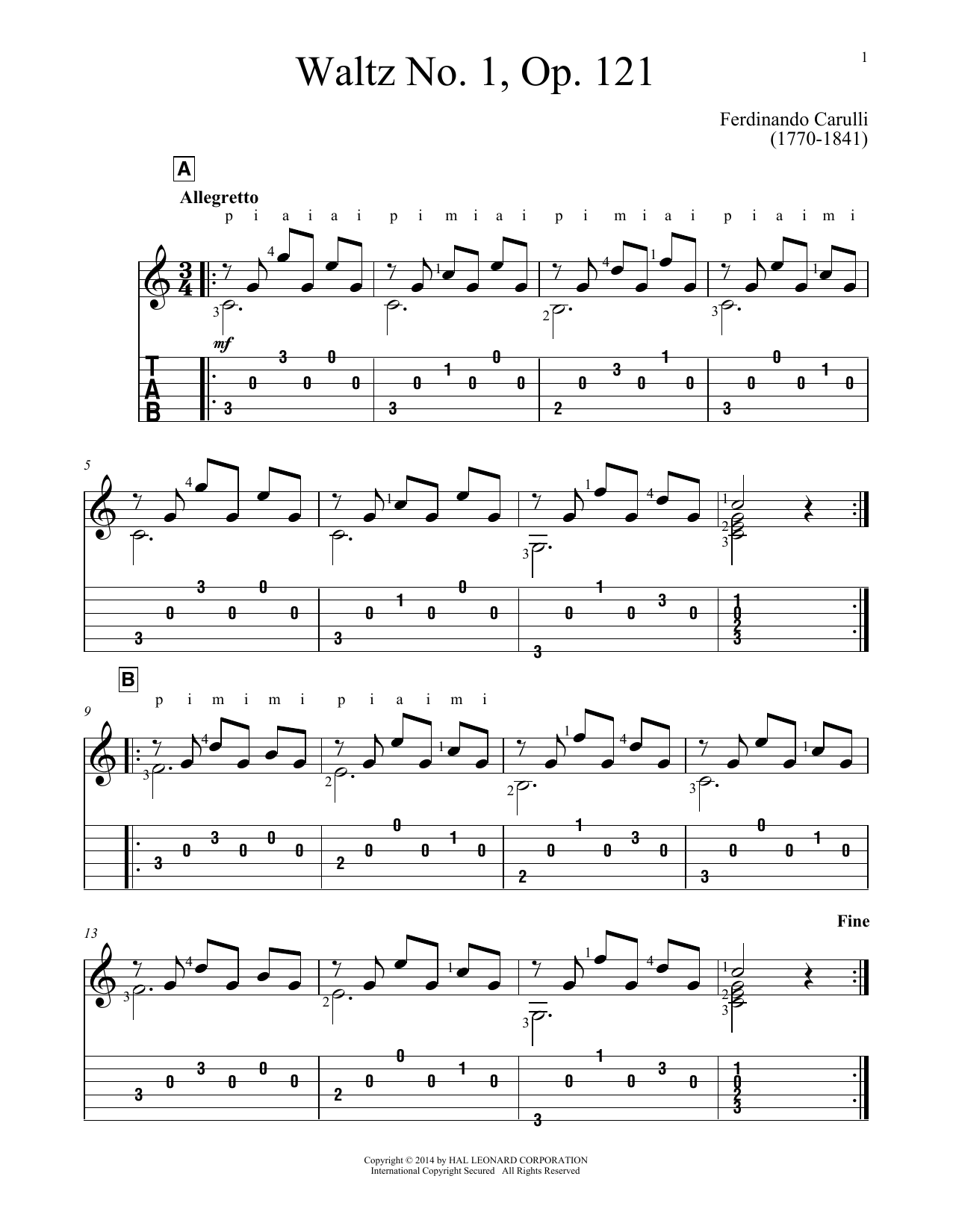 Download Ferdinando Carulli Waltz No. 1 Sheet Music and learn how to play Guitar Tab PDF digital score in minutes
