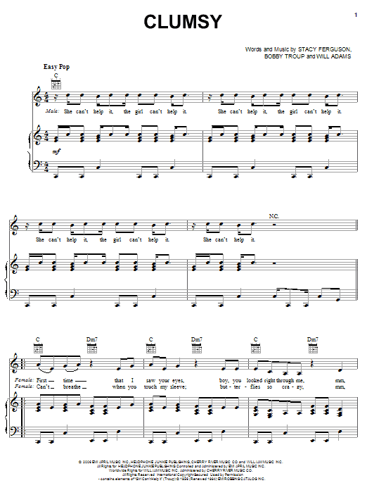 Download Fergie Clumsy Sheet Music and learn how to play Piano, Vocal & Guitar (Right-Hand Melody) PDF digital score in minutes