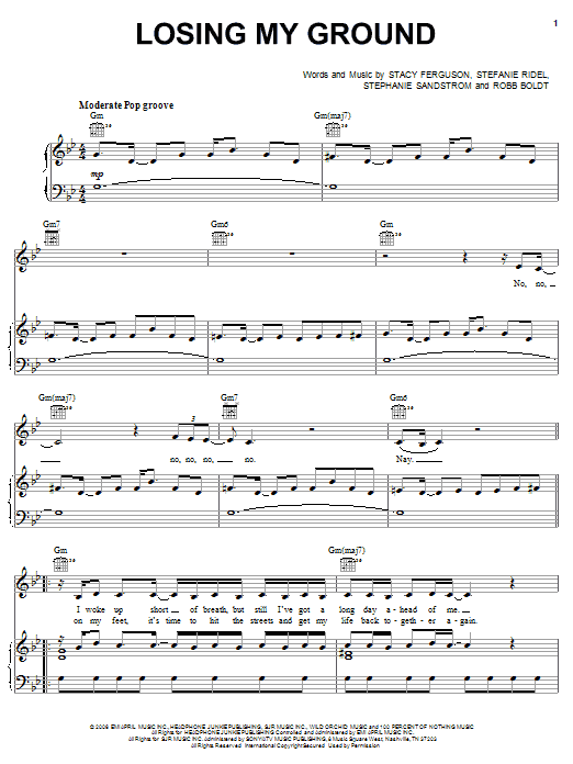 Download Fergie Losing My Ground Sheet Music and learn how to play Piano, Vocal & Guitar (Right-Hand Melody) PDF digital score in minutes