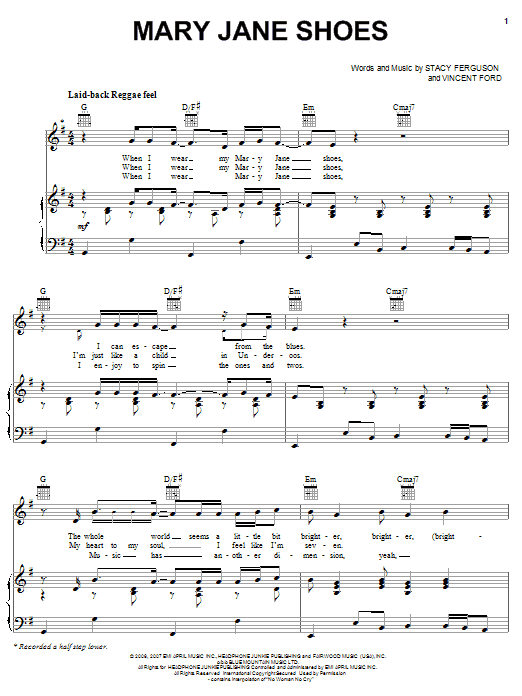 Download Fergie Mary Jane Shoes Sheet Music and learn how to play Piano, Vocal & Guitar (Right-Hand Melody) PDF digital score in minutes