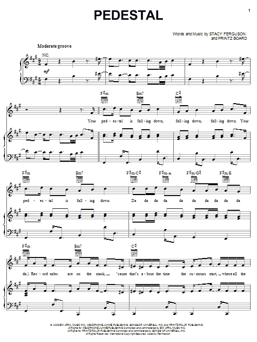 Download Fergie Pedestal Sheet Music and learn how to play Piano, Vocal & Guitar (Right-Hand Melody) PDF digital score in minutes