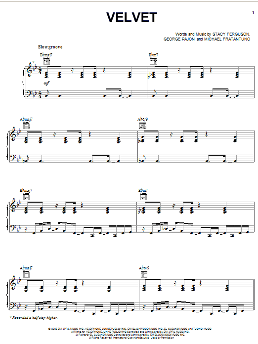Download Fergie Velvet Sheet Music and learn how to play Piano, Vocal & Guitar (Right-Hand Melody) PDF digital score in minutes