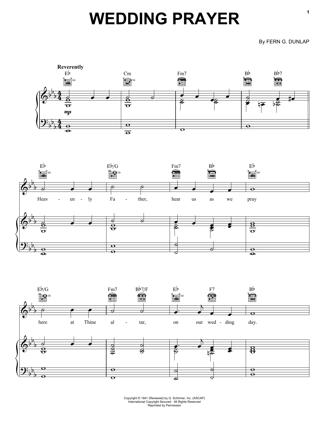 Download Fern G. Dunlap Wedding Prayer Sheet Music and learn how to play Piano, Vocal & Guitar Chords (Right-Hand Melody) PDF digital score in minutes