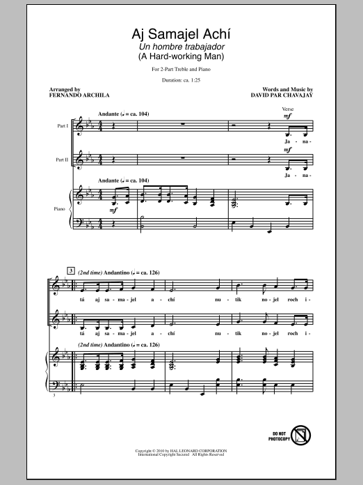Download Fernando Archila Aj Samajel Achí (Un Hombre Trabajador - A Hard-Working Man) Sheet Music and learn how to play 2-Part Choir PDF digital score in minutes